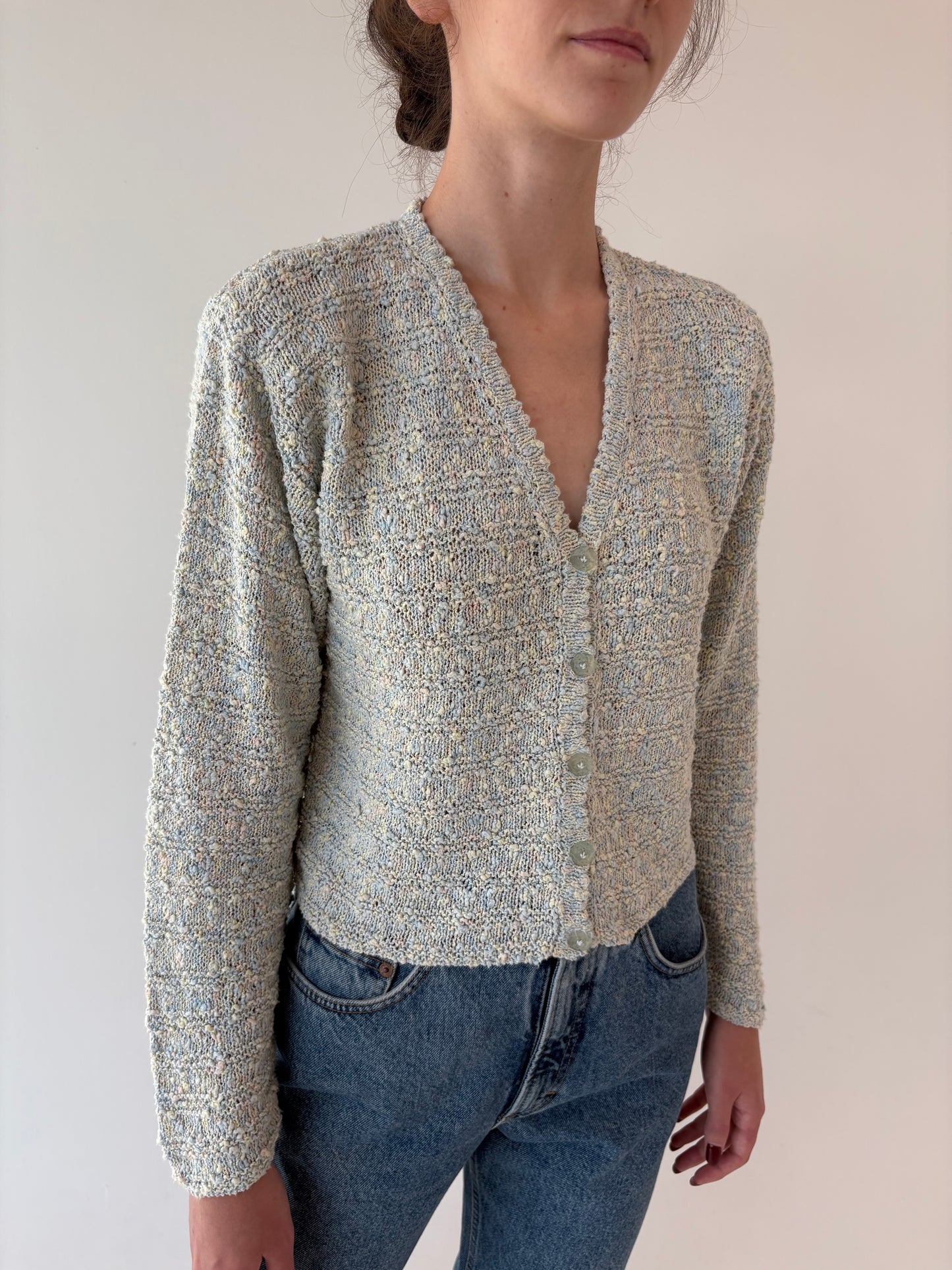 Cardigan vintage din jerse texturat baby Blue și camel din bumbac greu