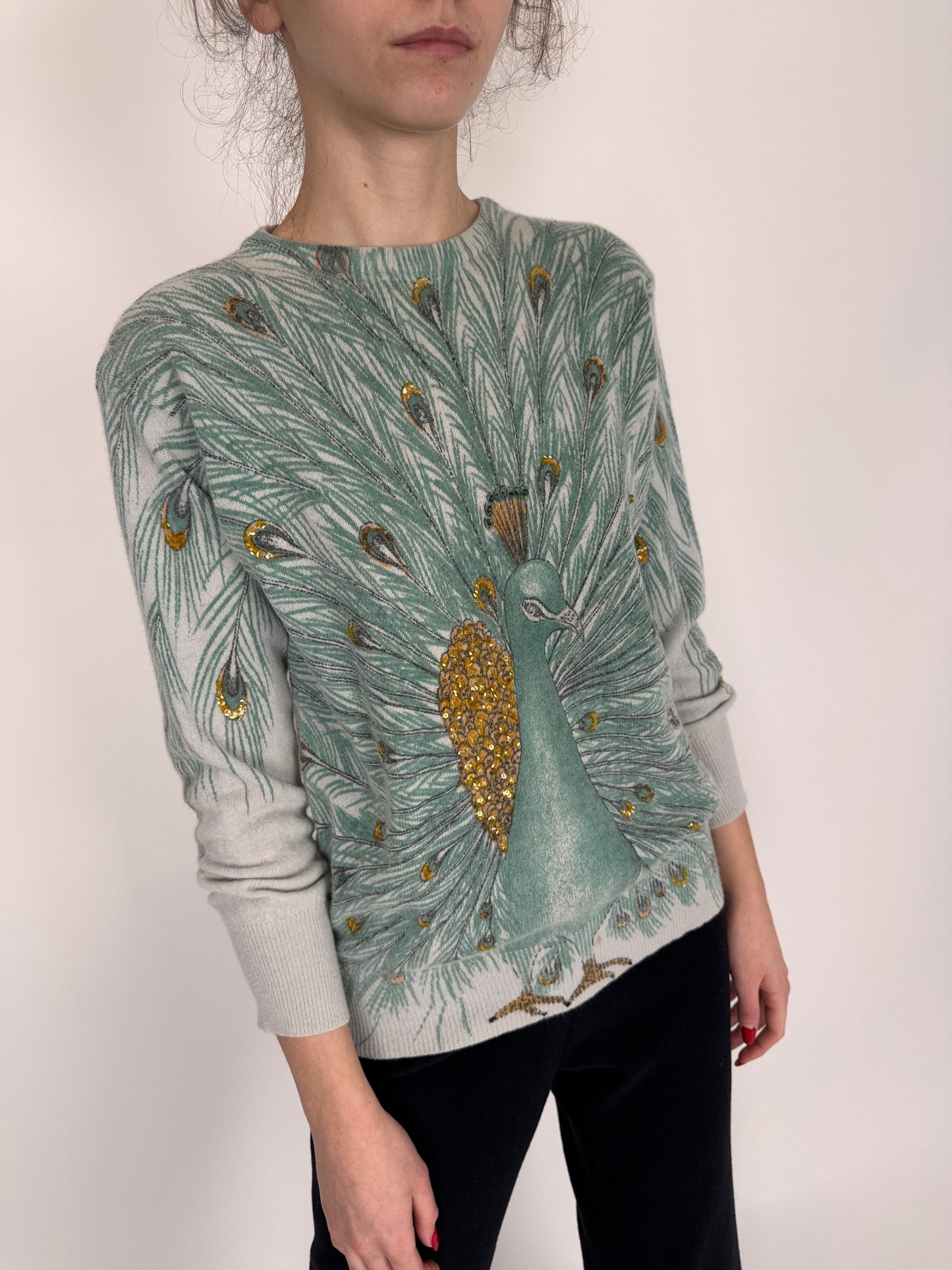 Pulover vintage cu mânecă fluture și print păun din lana extrafina