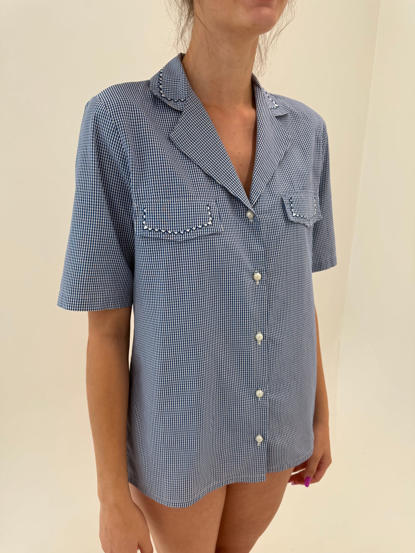Cămașa gingham din bumbac premium Navy cu alb