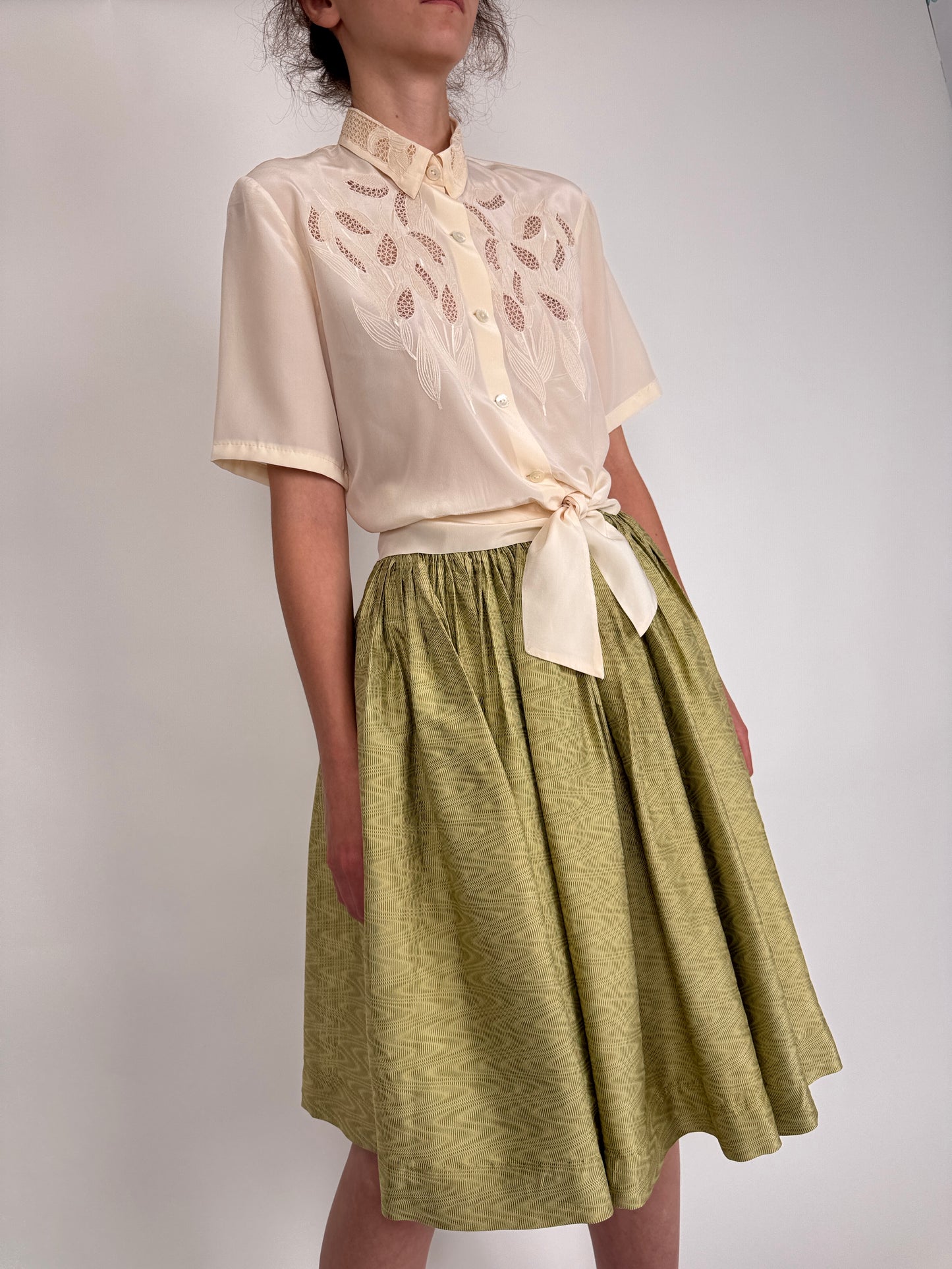 Fustă vintage seaweed green din brocart de mătase naturală