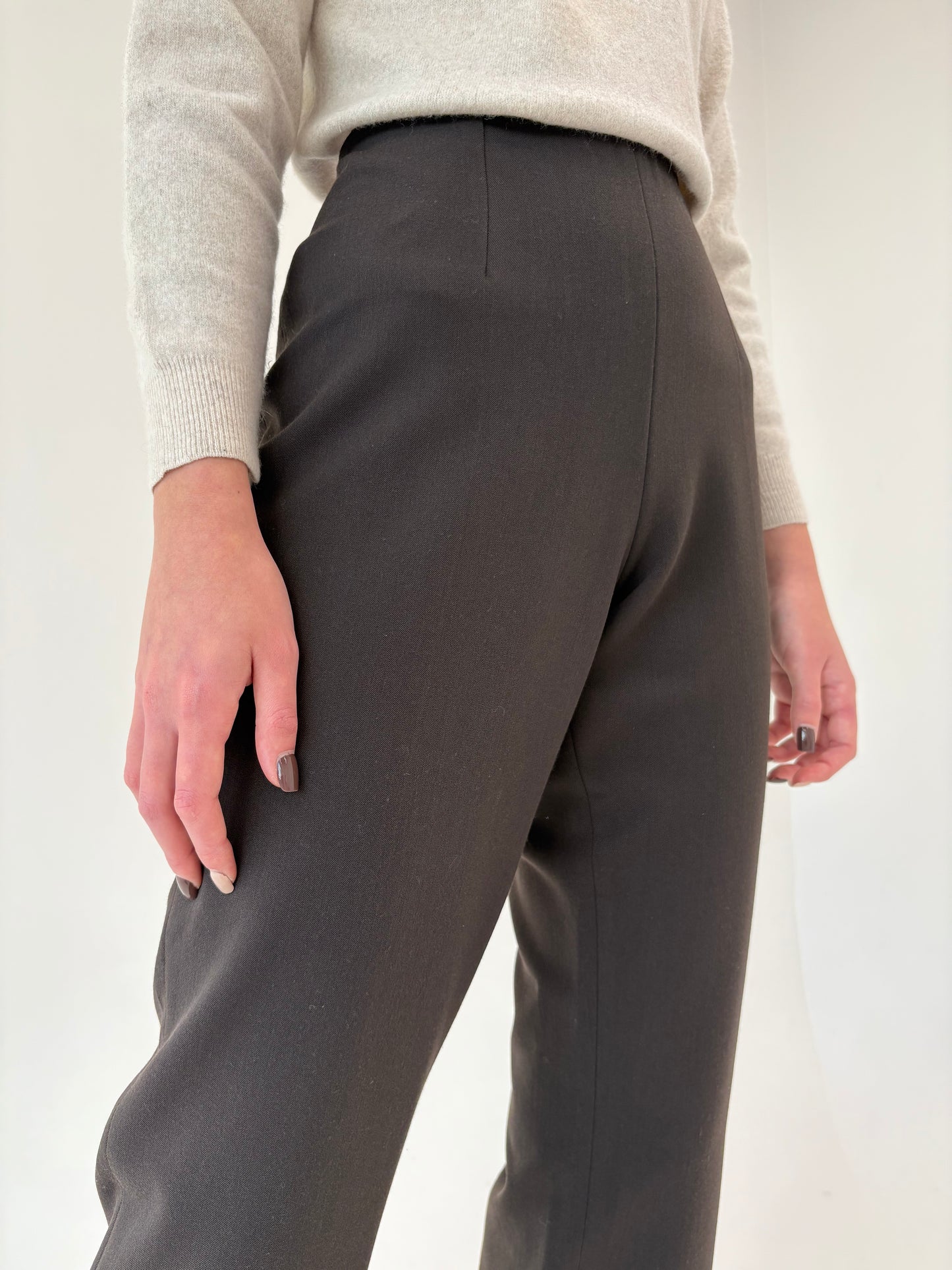 Pantaloni cu talie ultra înaltă dark chocolate brown din mix de lana strech