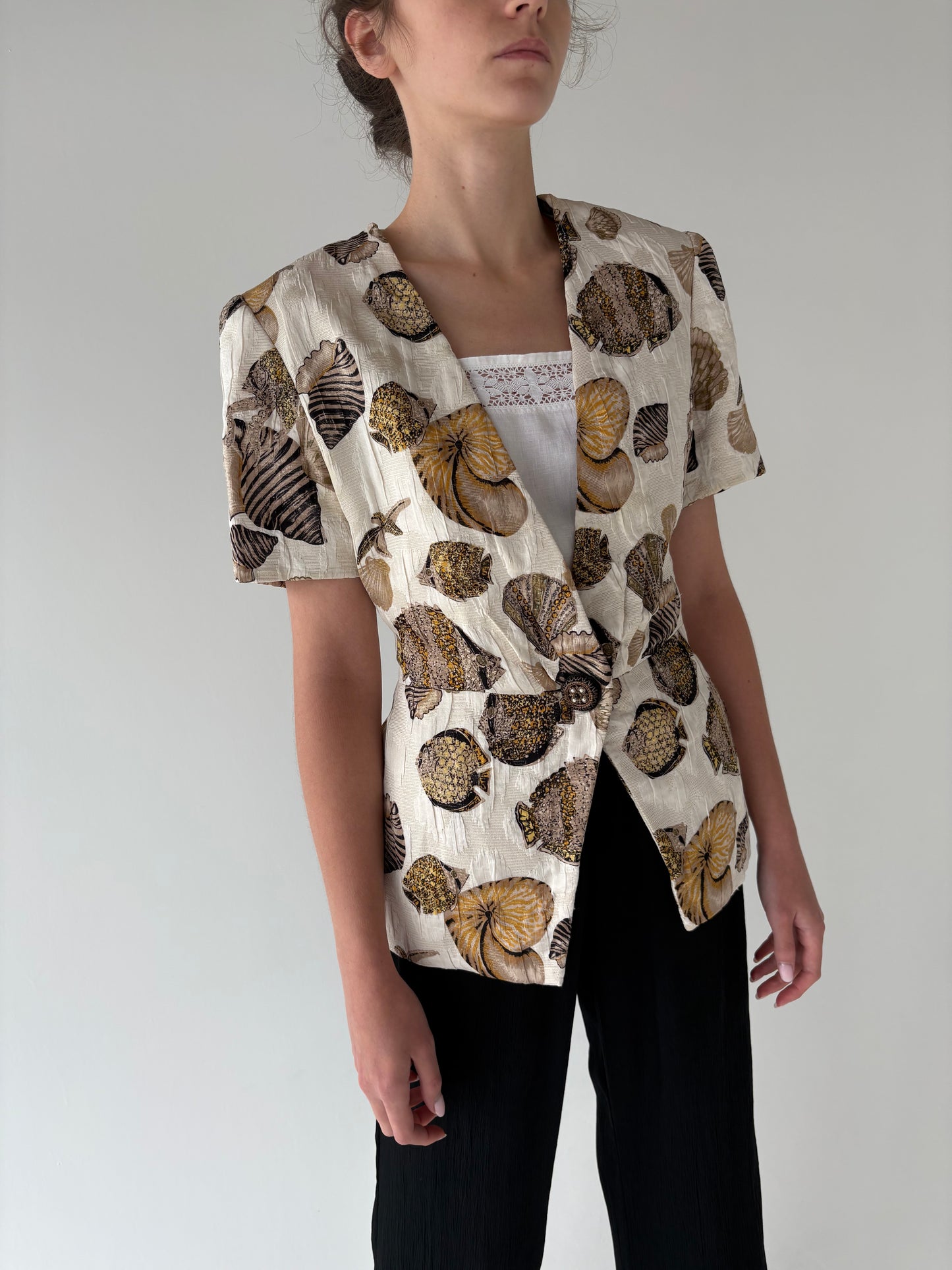 Sacou vintage cambrat superb cu print marin pe jacquard de vară
