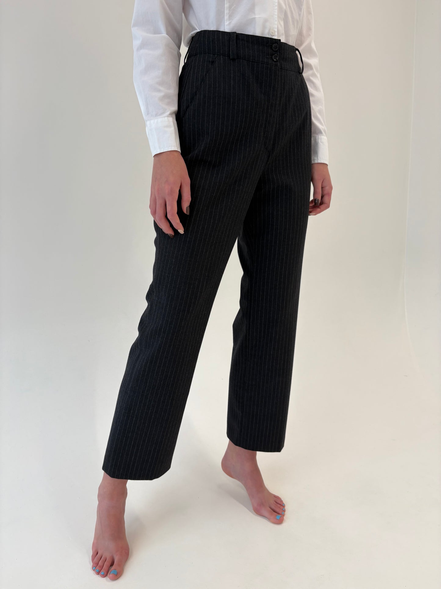 Pantaloni cu dungi fine ivoire din lana extrafina și talie ultra înaltă