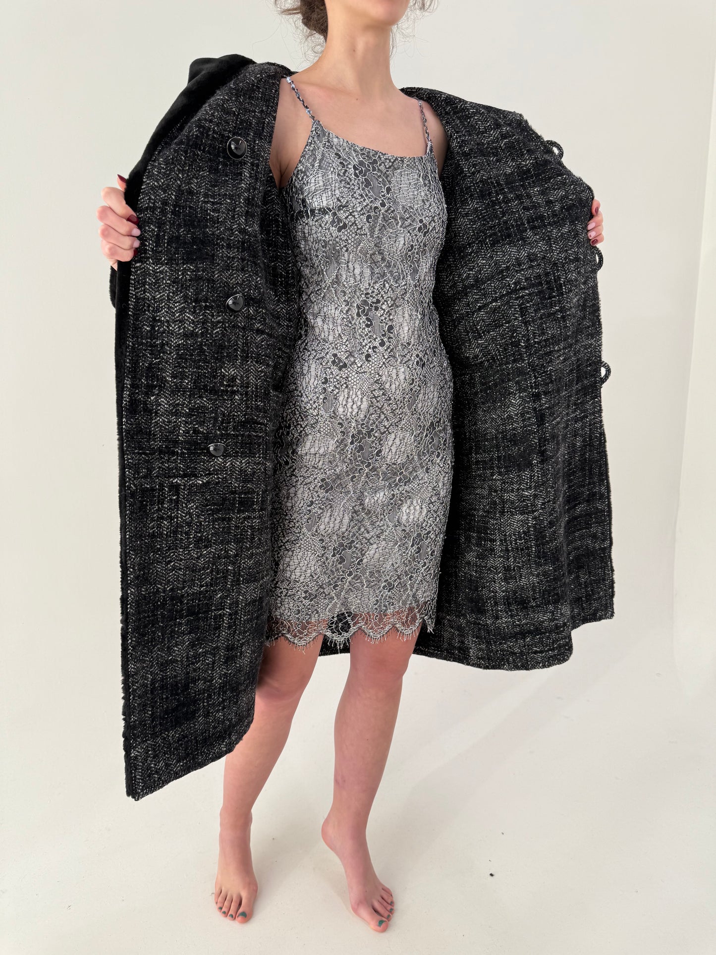 Palton vintage elegant cu 2 fete, una din stofă de lana și cealaltă tip Teddy coat neagră