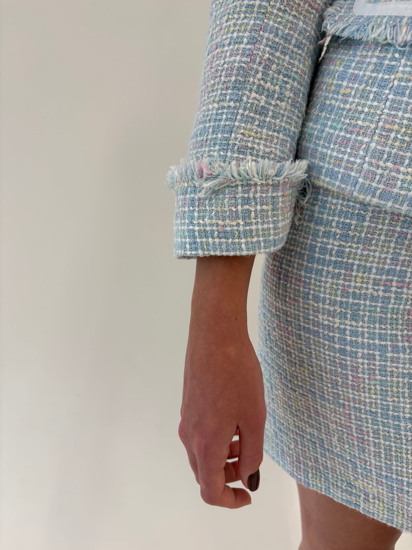 Deux piece baby blue în stil Chanel din tweed