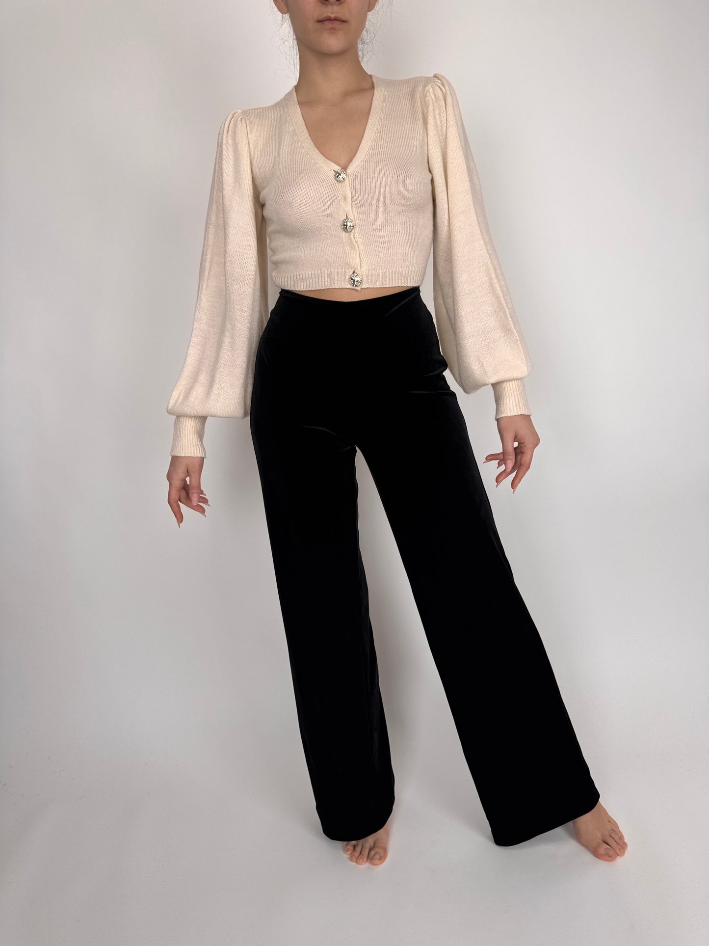 Pantaloni tall din catifea neagră de bumbac strech cu talie ultra înaltă