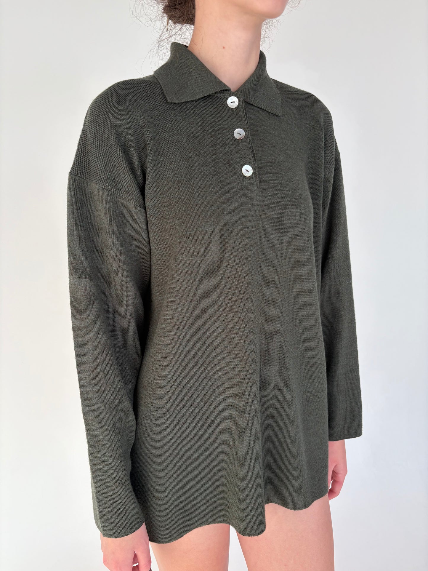 Pulover polo italian forest green din lana merino extrafina de gramaj mare