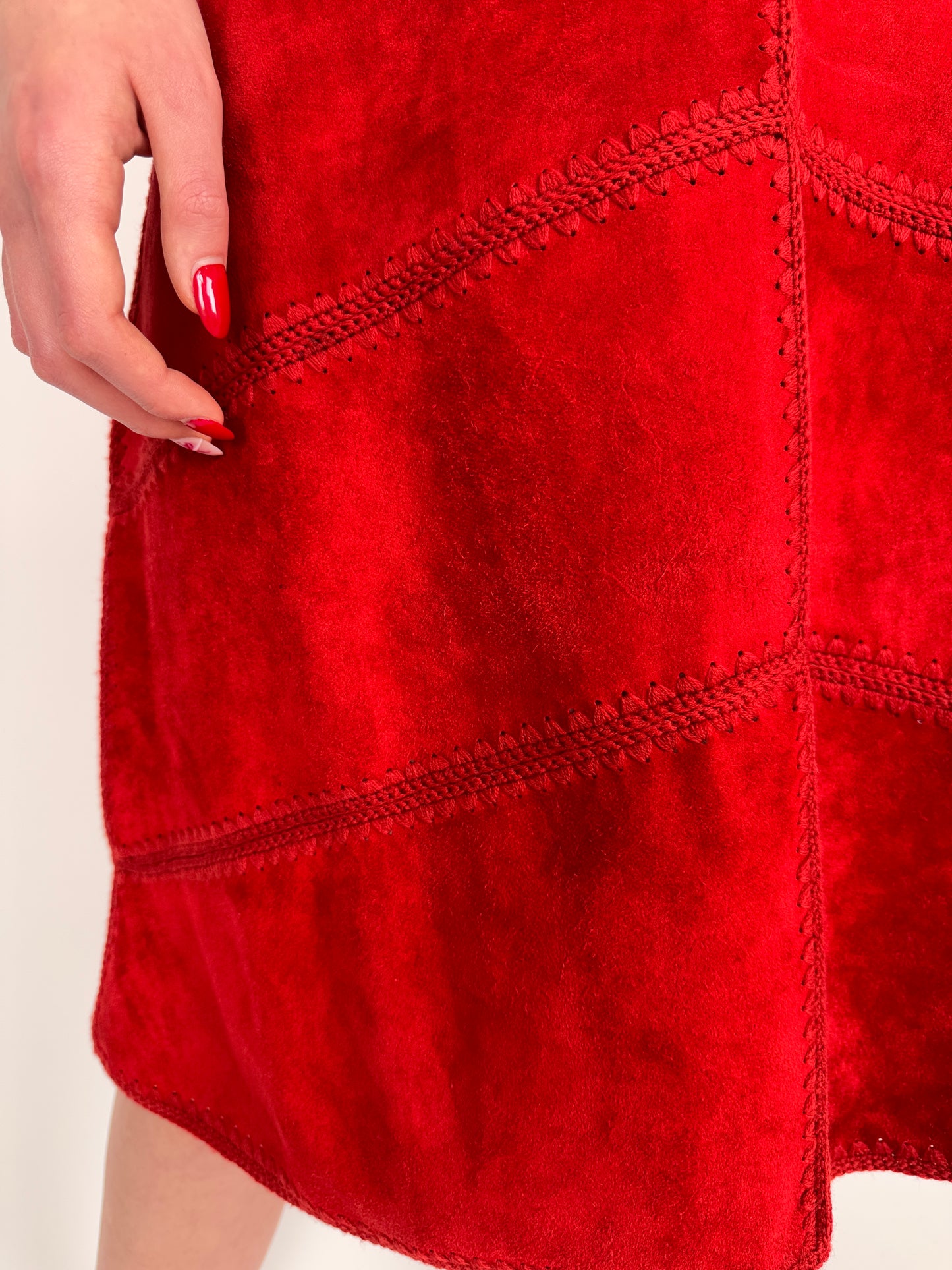 Fustă din piele naturală cherry red cu talie elastică