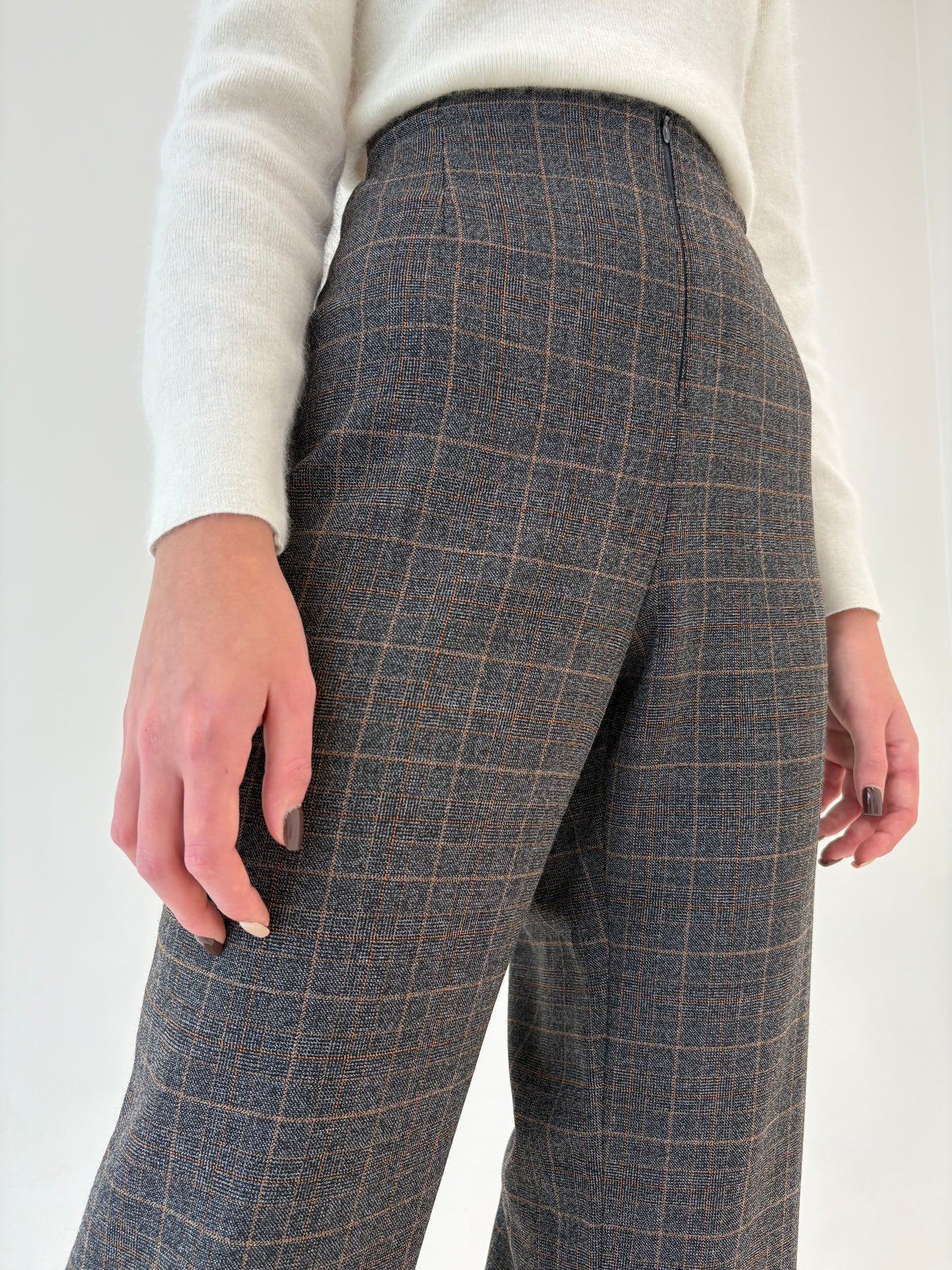 Pantaloni din lana extrafina confort cu talie ultra înaltă și carouri camel