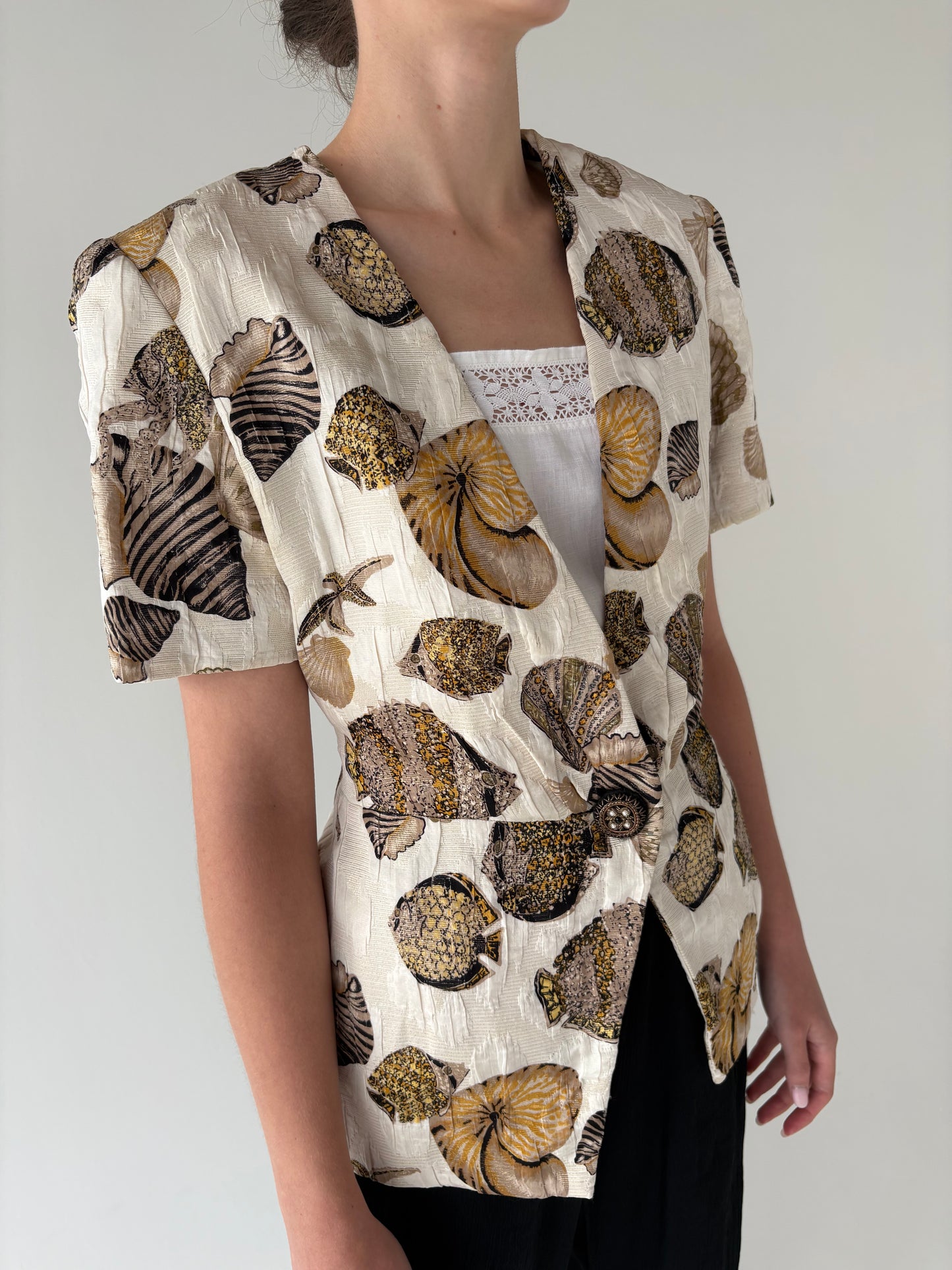Sacou vintage cambrat superb cu print marin pe jacquard de vară