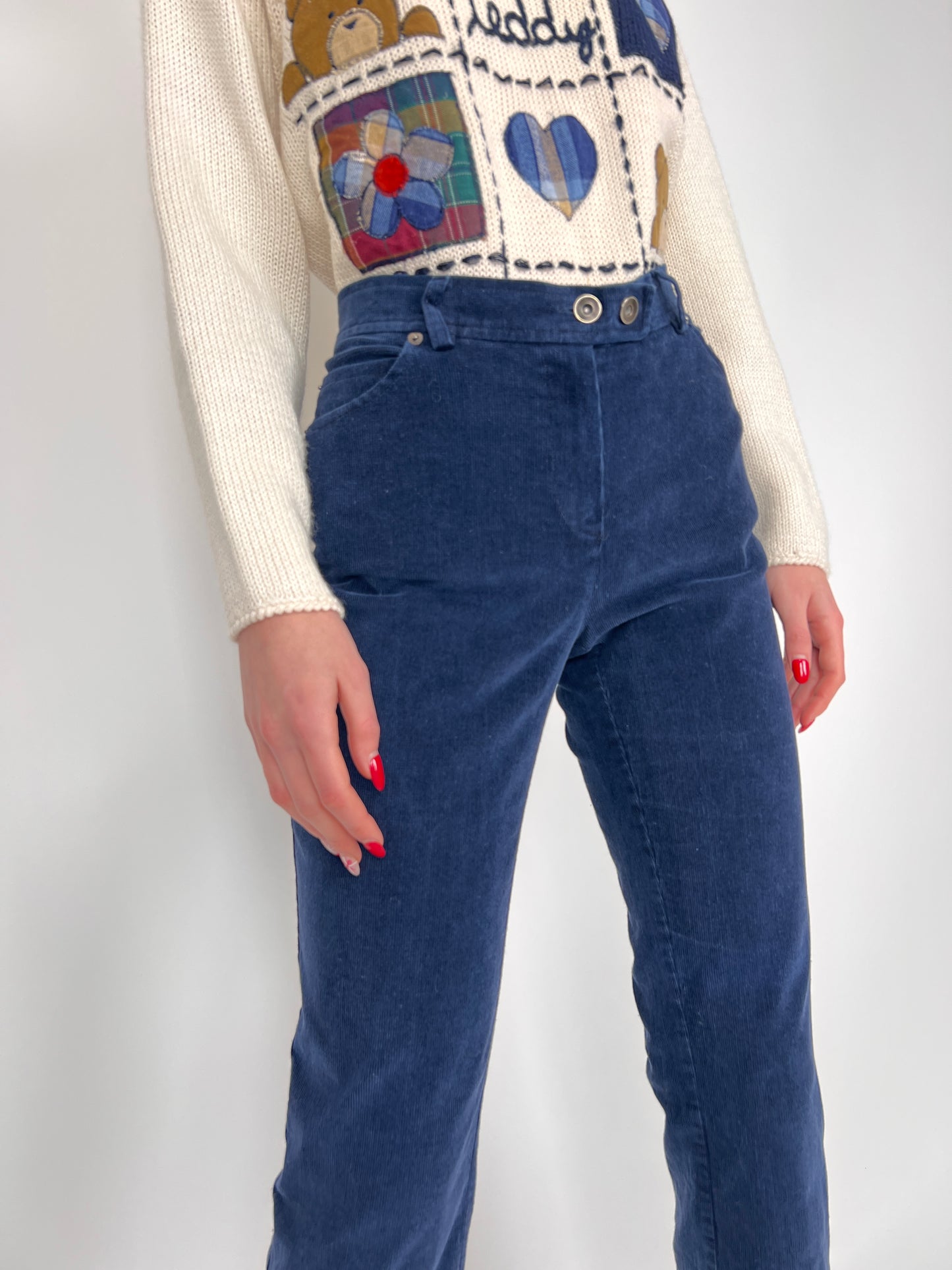 Pantaloni tall albastru cerneală din catifea de bumbac cu elastan