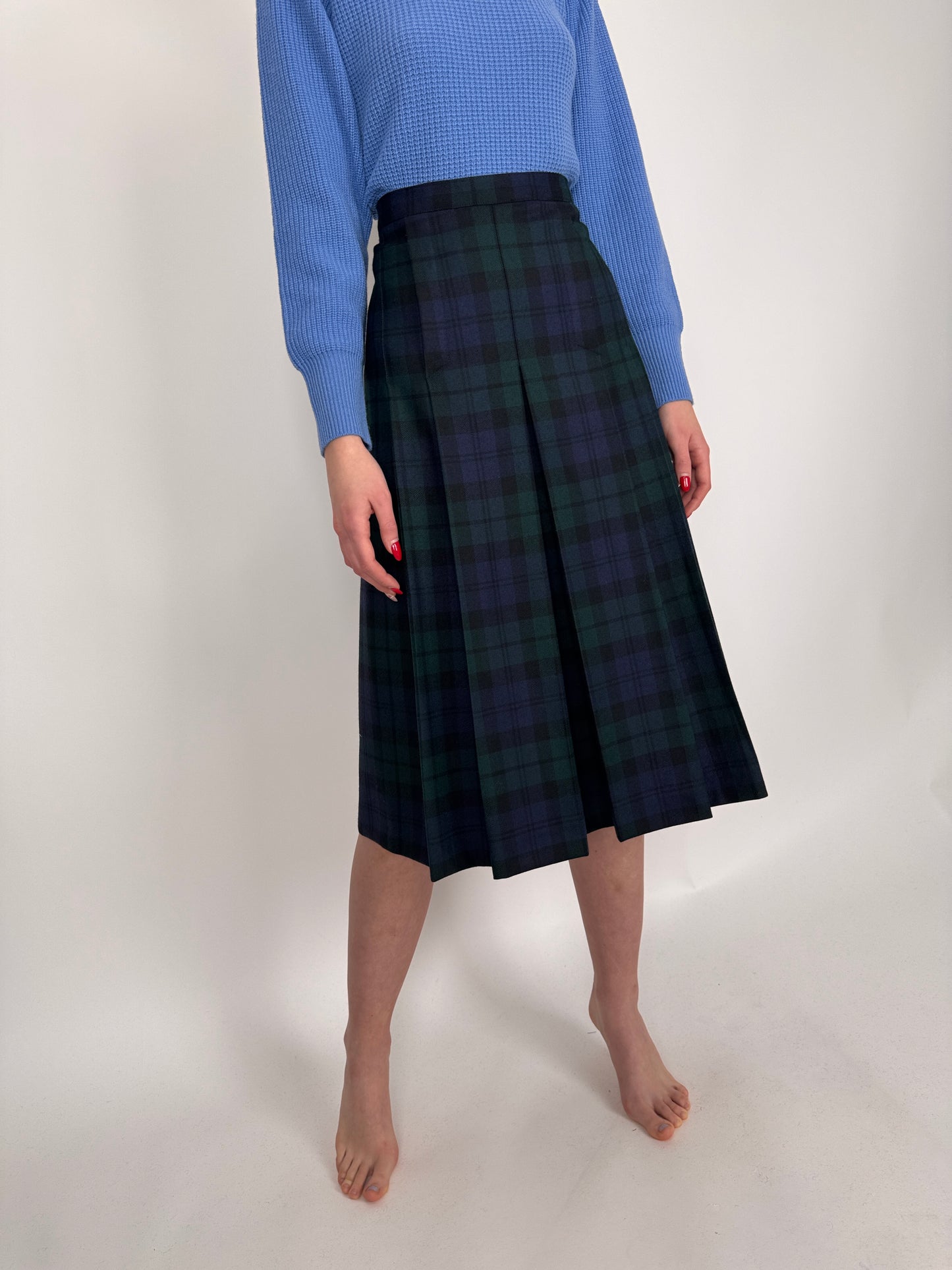 Fustă plisată cu talie înaltă marcată din Tartan de lana pura certificată