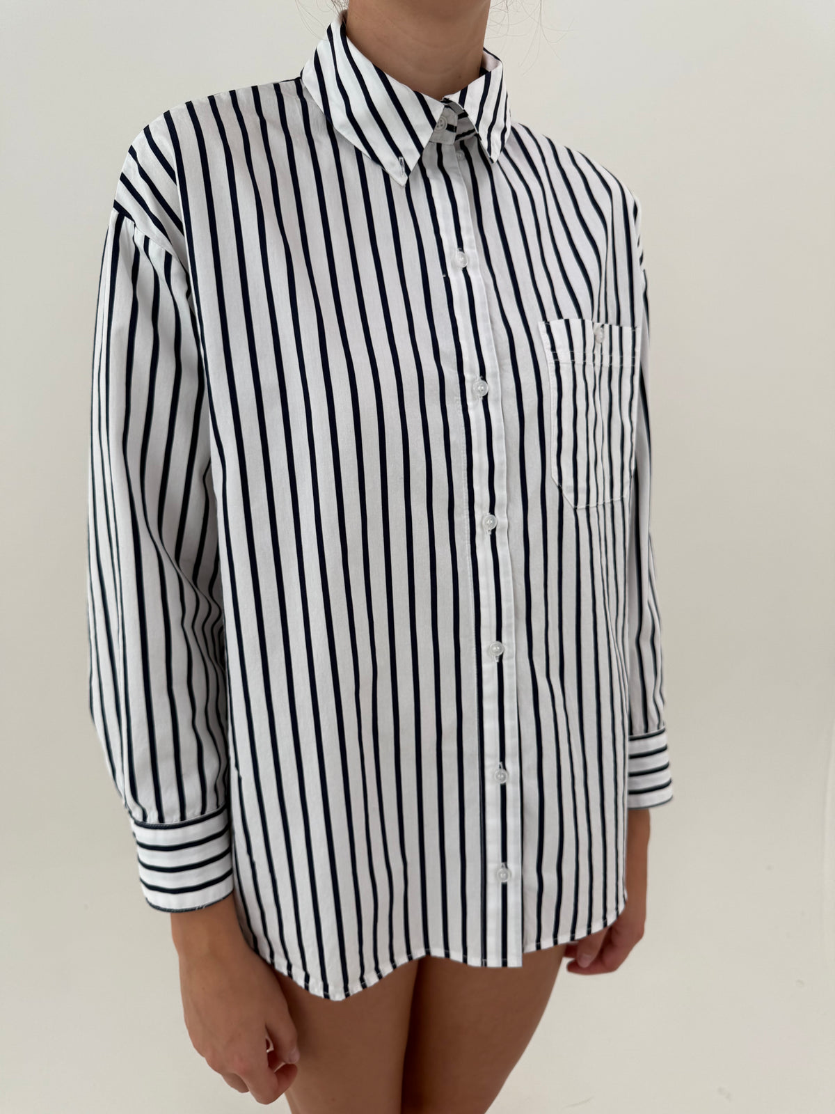 Cămașa in croi oversized în dungi Navy din poplin de bumbac