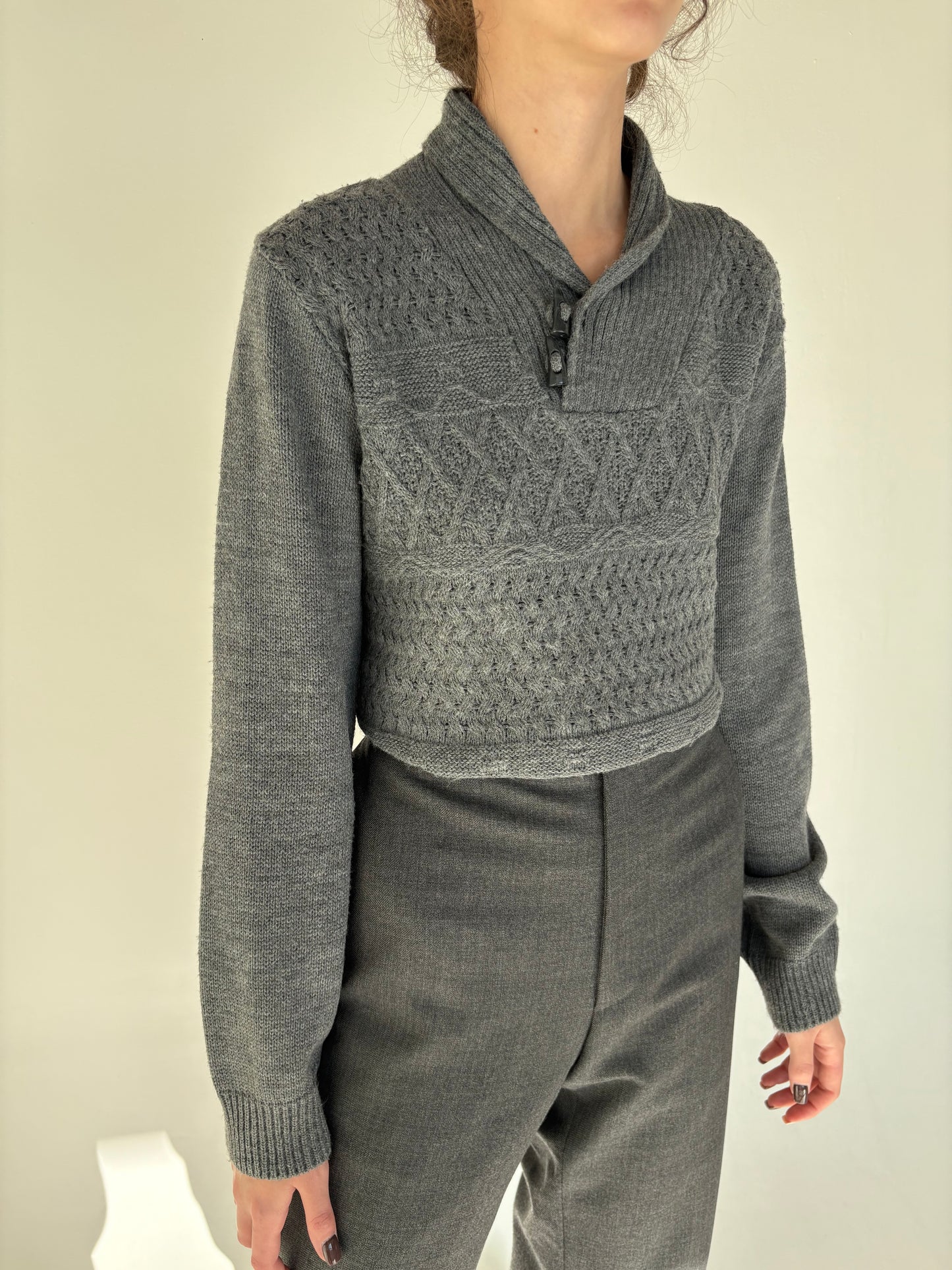 Pulover polo shawl collar din lana plină extafina texturată