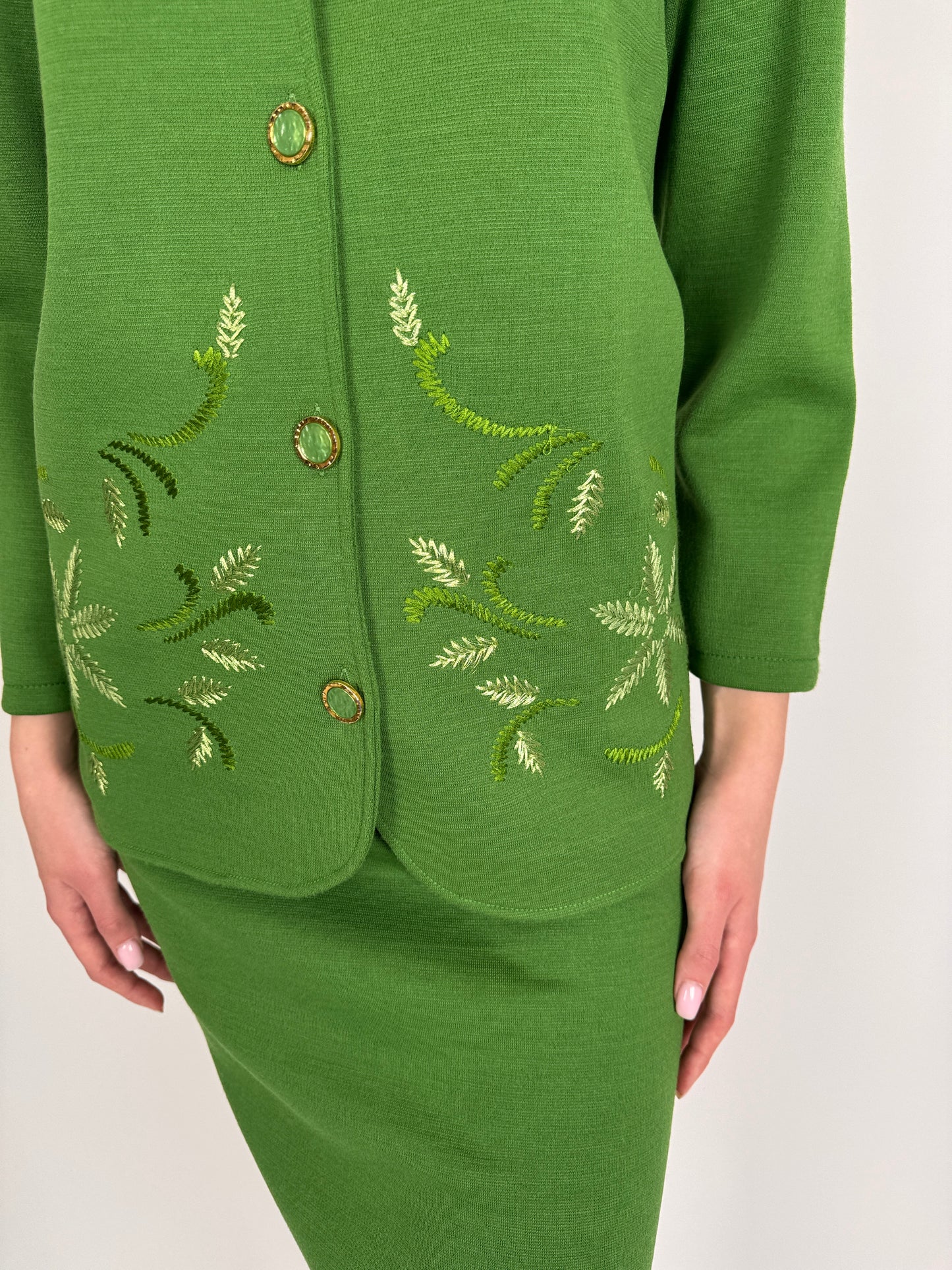 Set vintage kelly green din jerse cu broderie