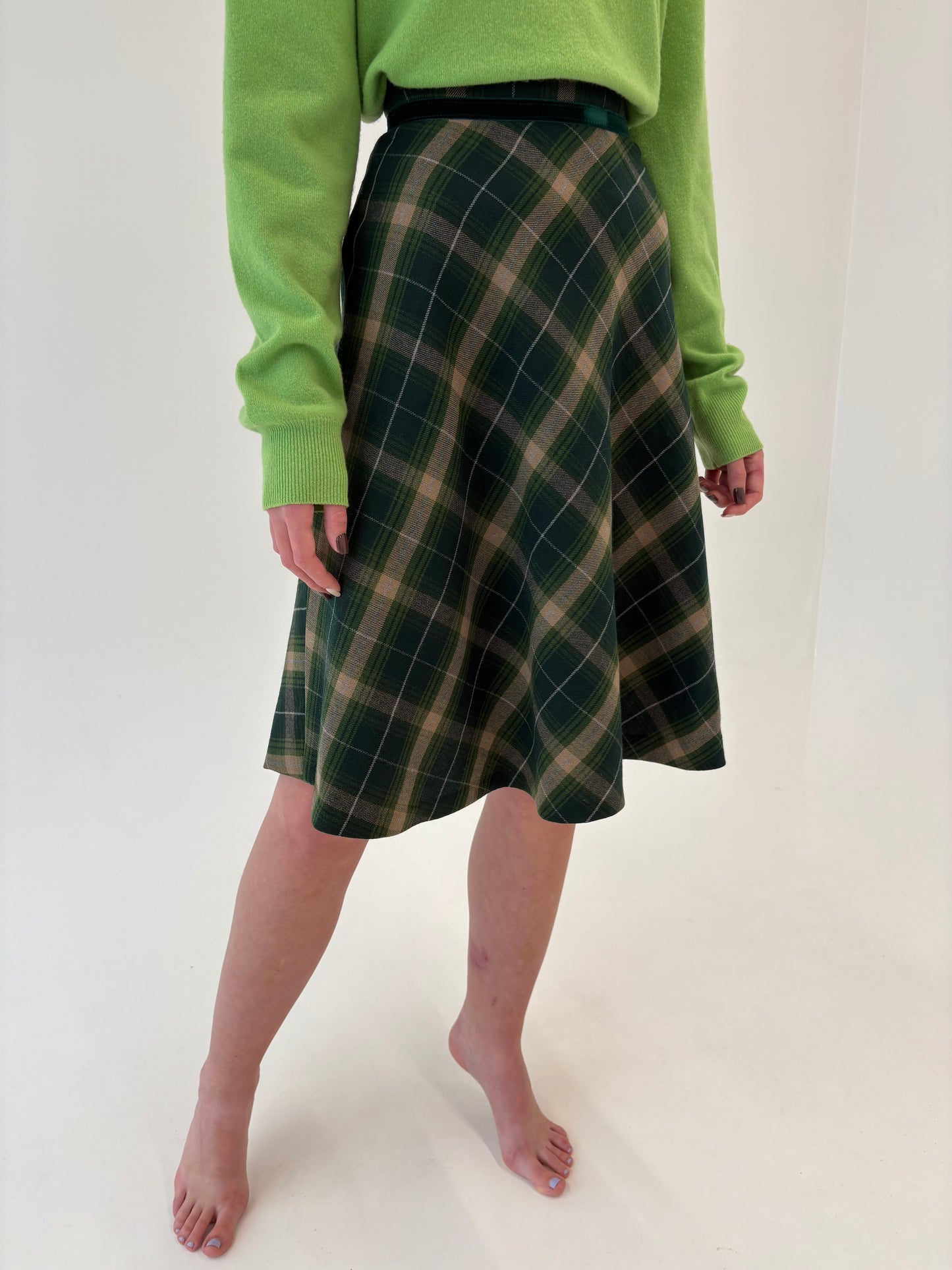 Fustă vintage din Tartan de lana green forest în carouri camel