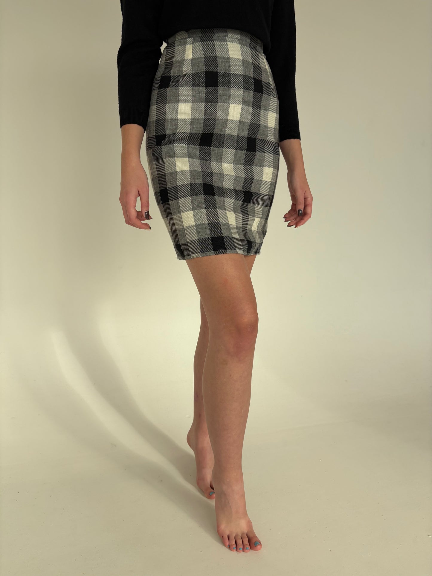 Fustă conică cu talie ultra înaltă în carouri din lana extrafina plină