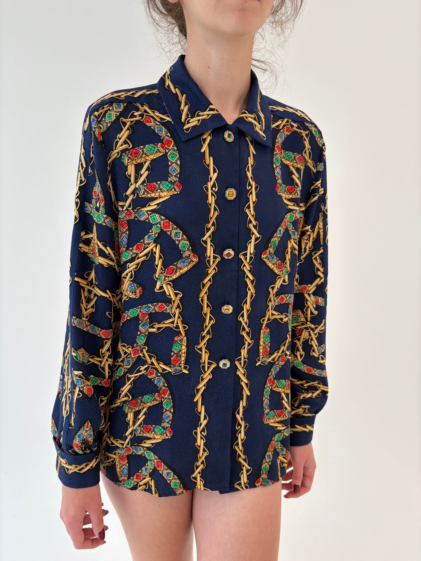 Cămașa vintage din mătase naturală texturată cu print baroc