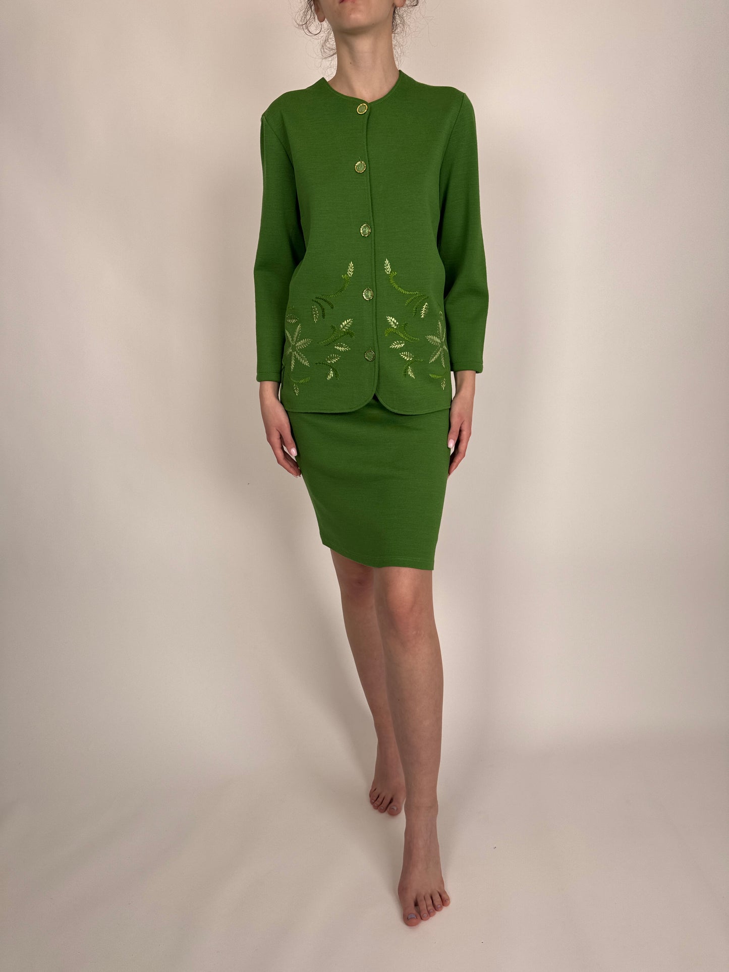Set vintage kelly green din jerse cu broderie