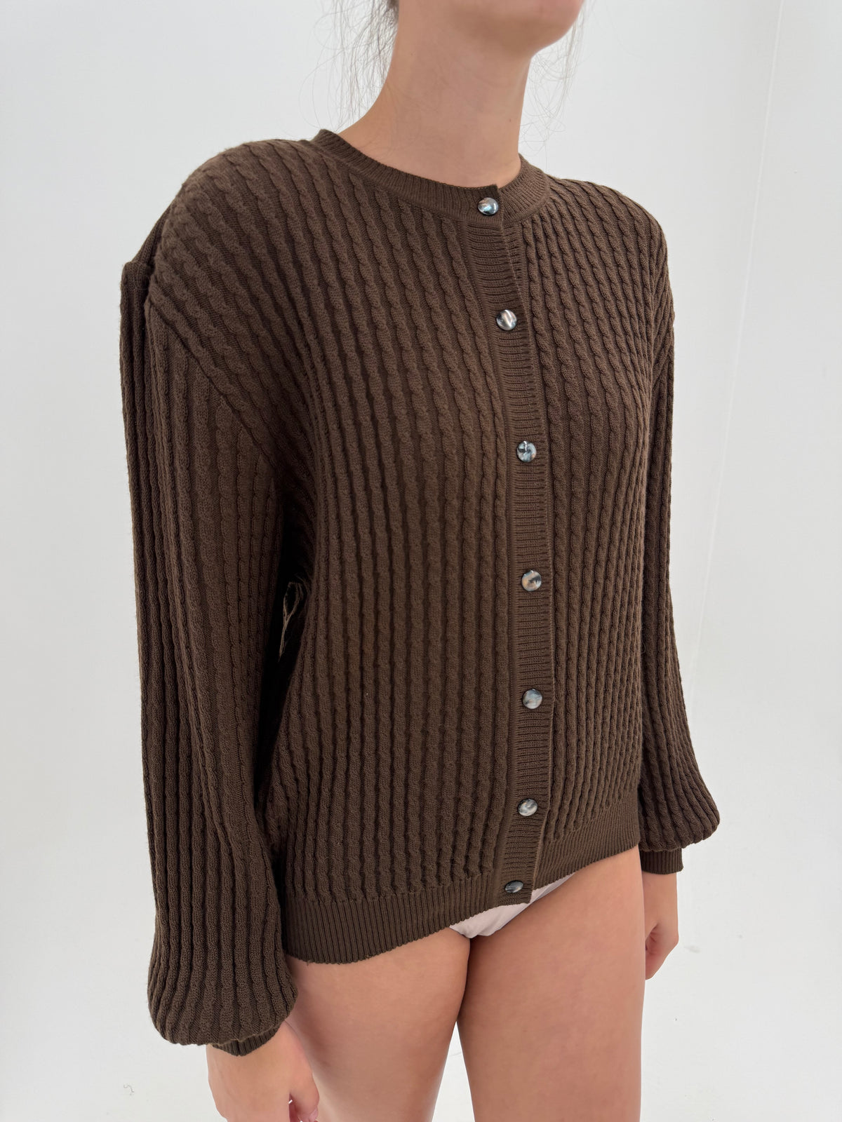 Cardigan high end italian cu torsade din lana extrafina chocolate brown
