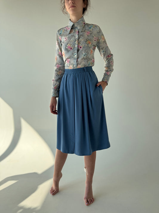 Fustă vinatge albastru ciel cu aspect ușor de piele întoarsă și buzunare