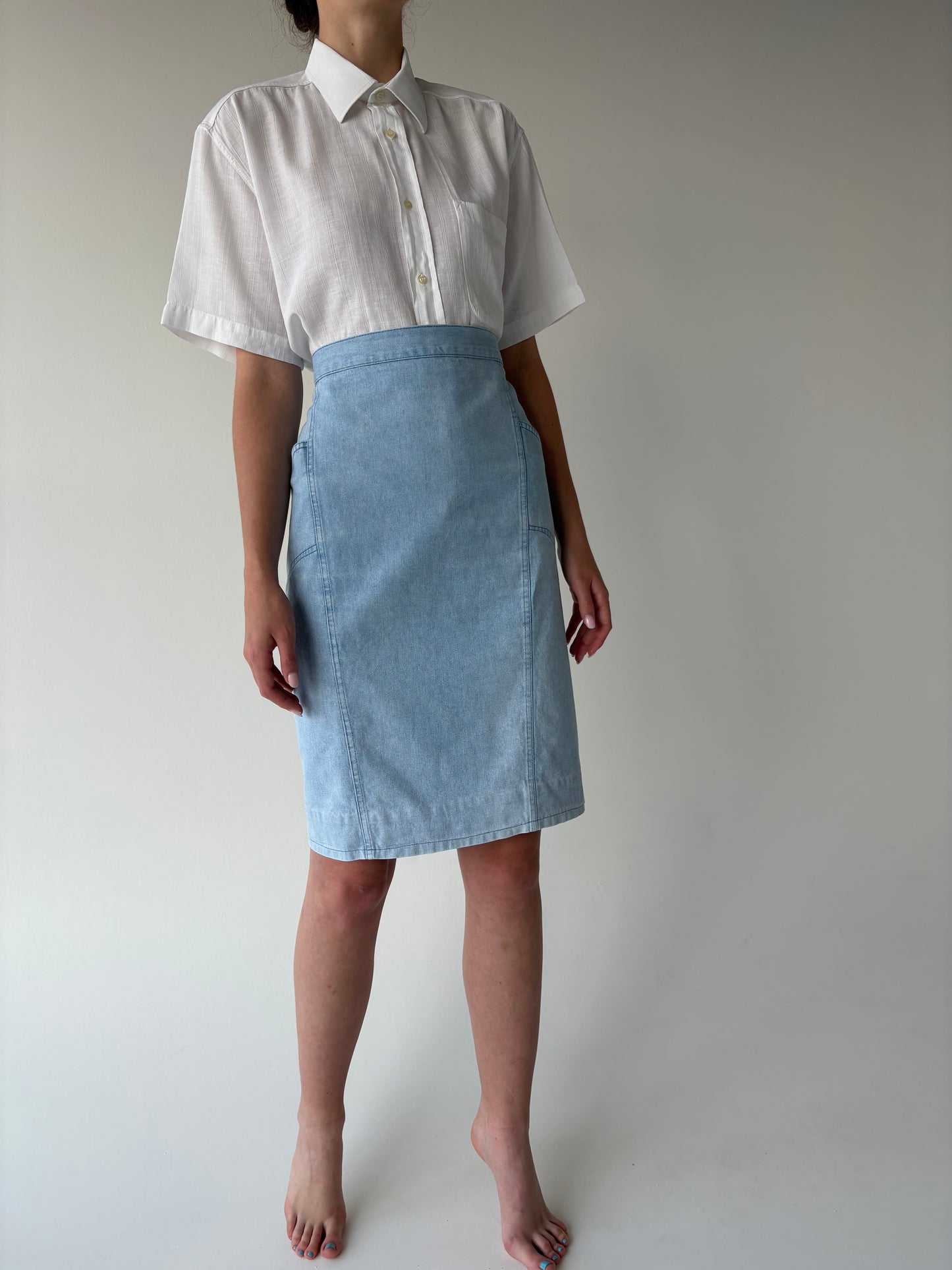 Fustă vintage italienească din Jeans de vară light wash cu buzunare