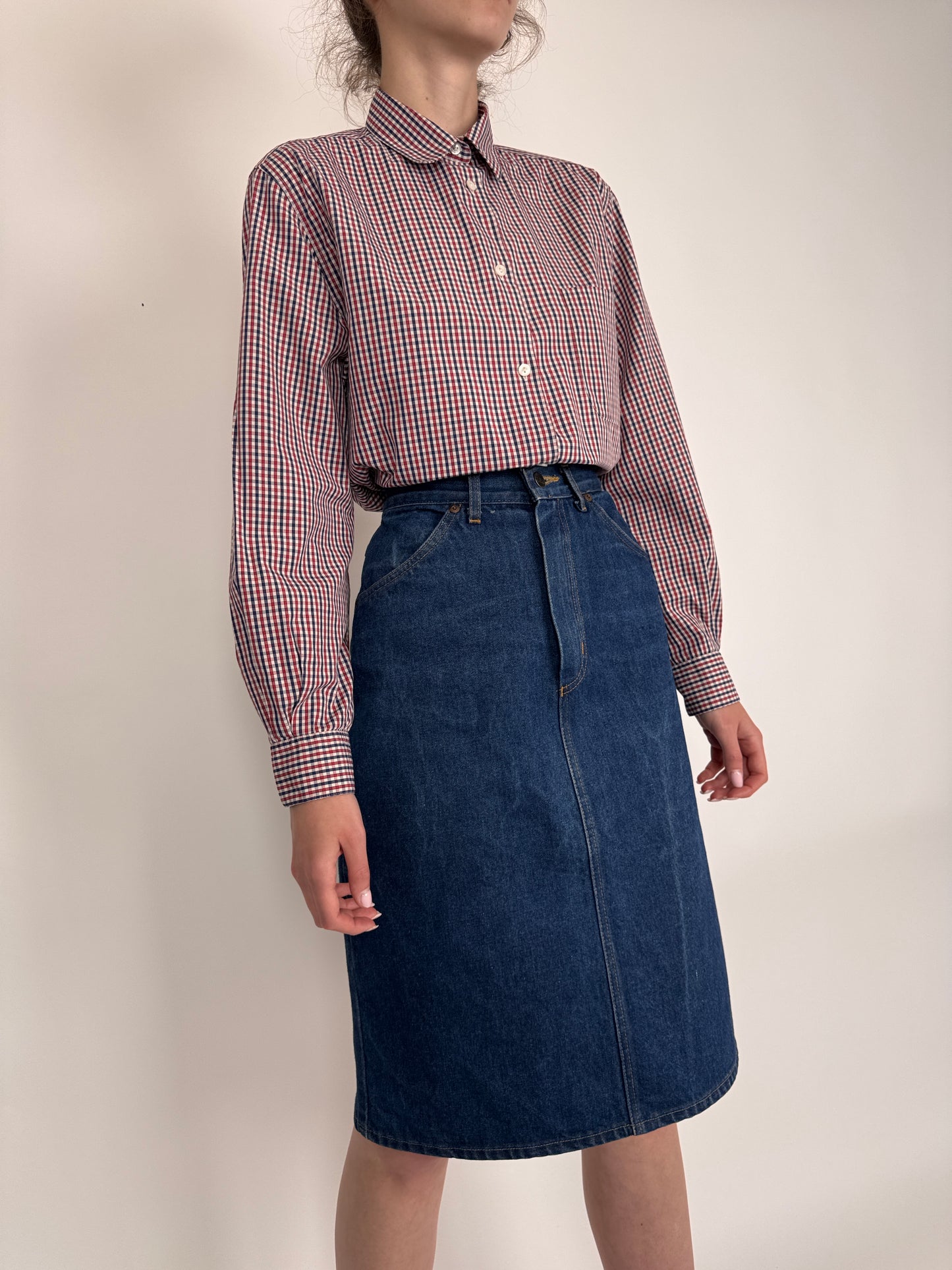 Fustă vintage din jeans raw cu ținuta și talie ultra înaltă