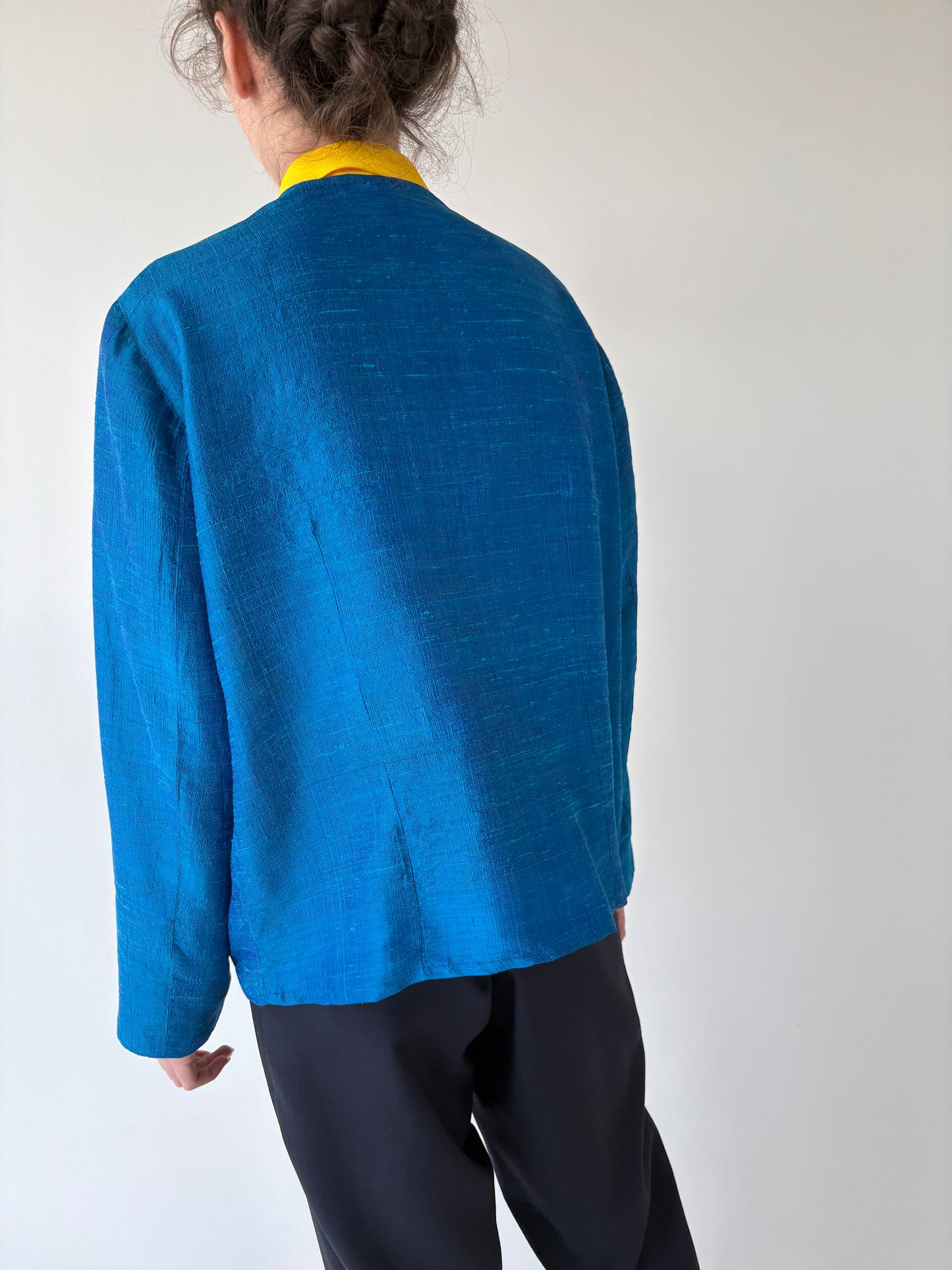Sacou vintage albastru regal din mătase naturală dupioni