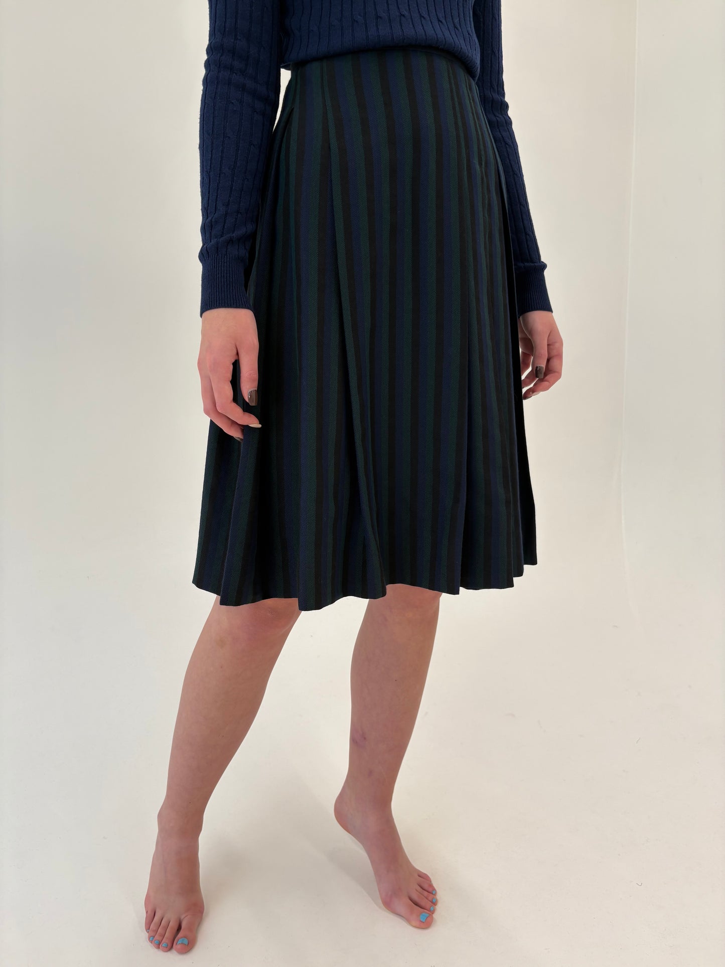 Fustă vintage plisată din lana groasă în dungi verticale și culori superbe