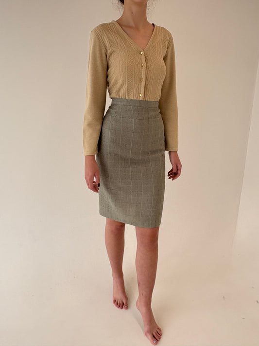 Fustă din stofă excepțională Sage green cu inserții camel