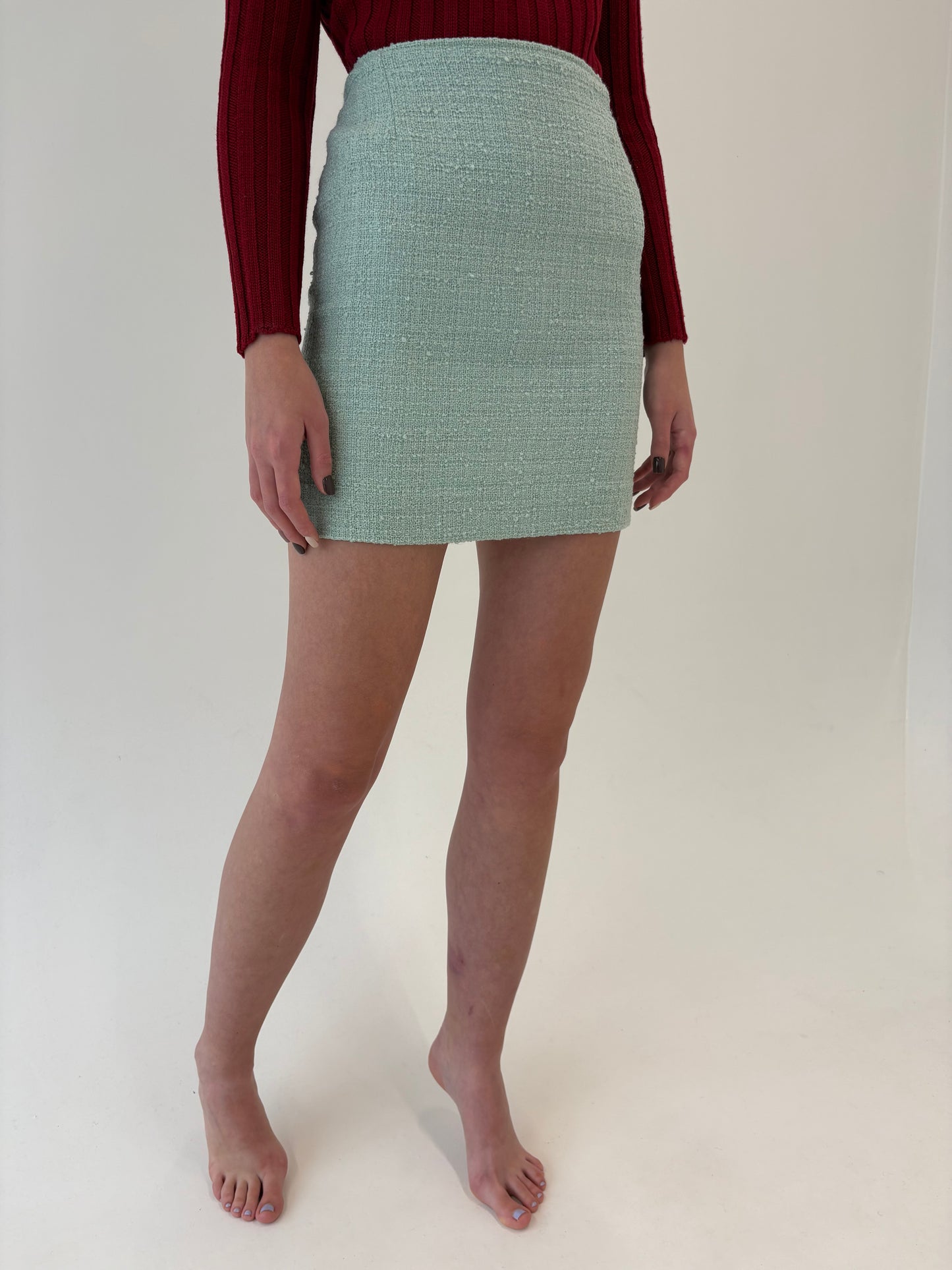 Fustă mint green in stil Chanel din tweed de lana extrafina