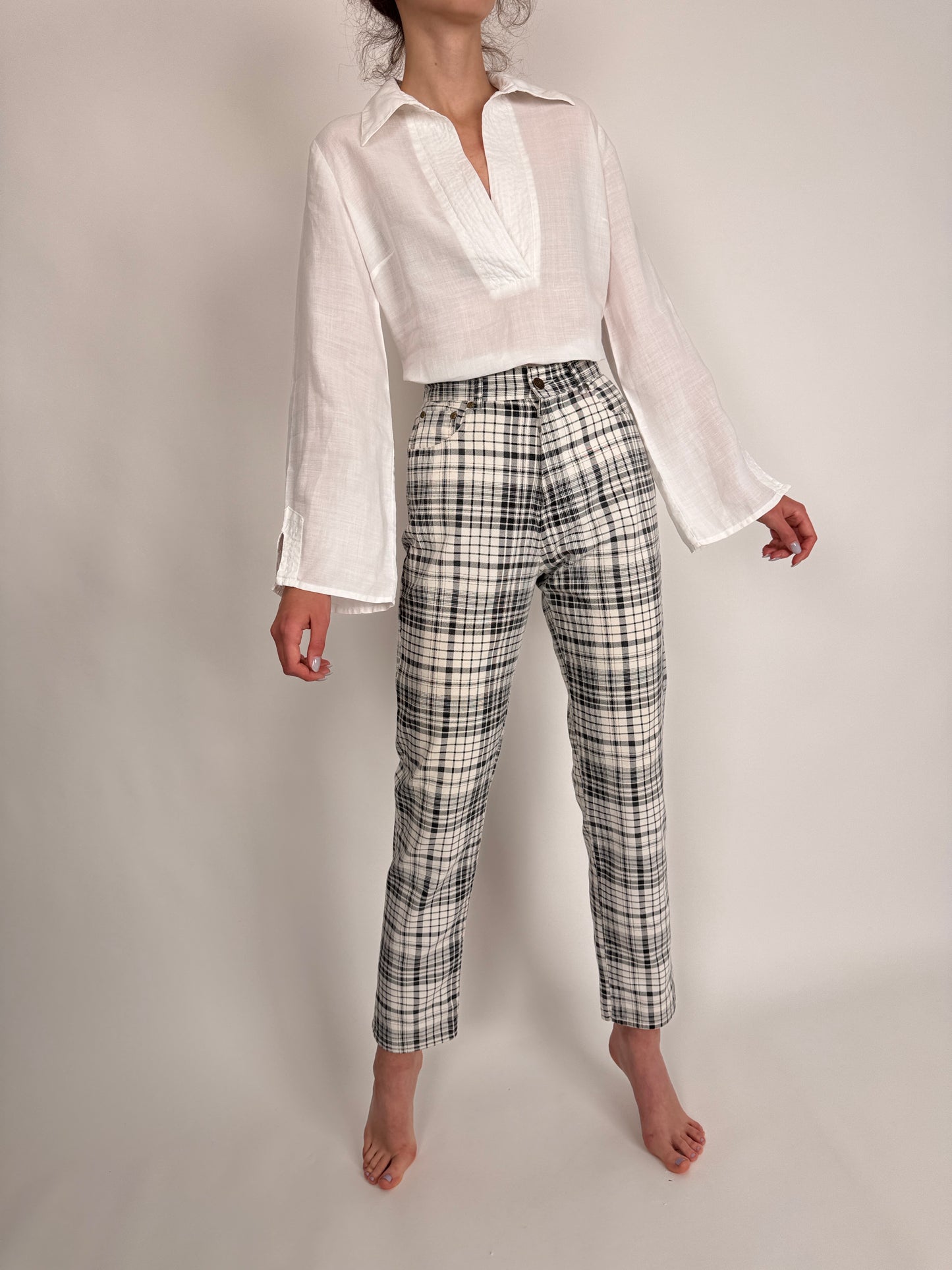 Pantaloni vintage în carouri cu talie ultra înaltă din pânză