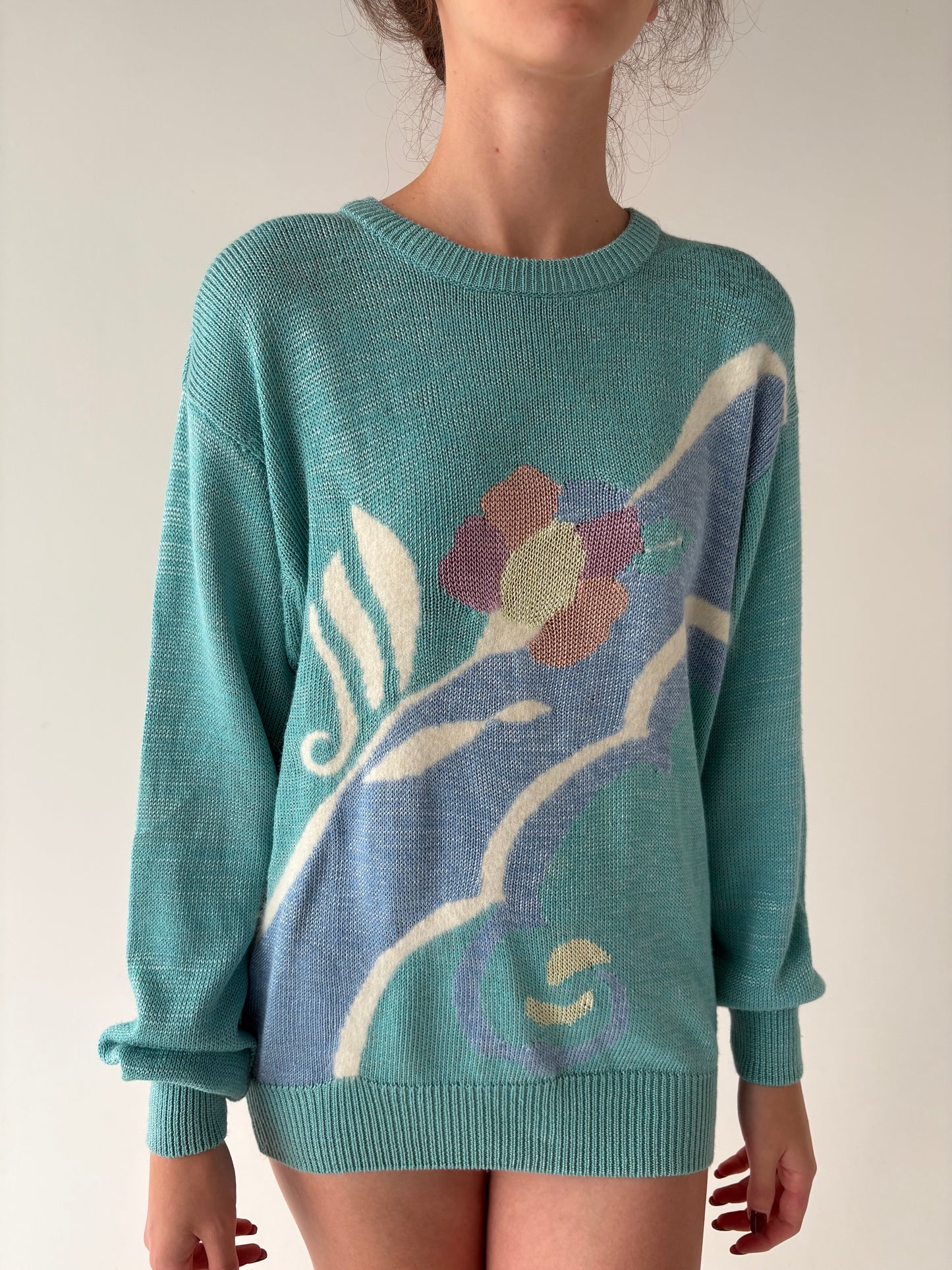 Pulover vintage de gramaj mare cu print floral supradimensionat