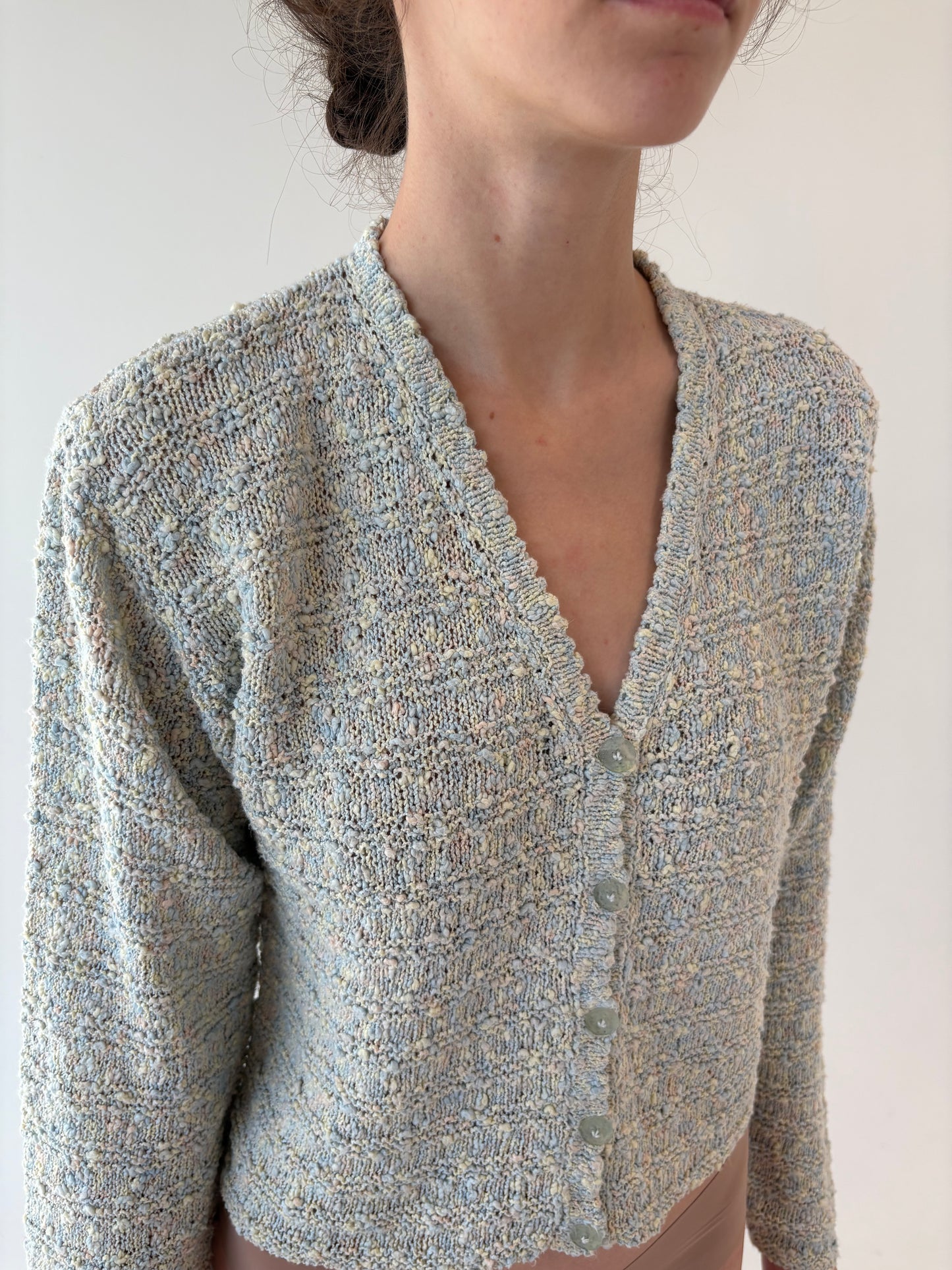 Cardigan vintage din jerse texturat baby Blue și camel din bumbac greu