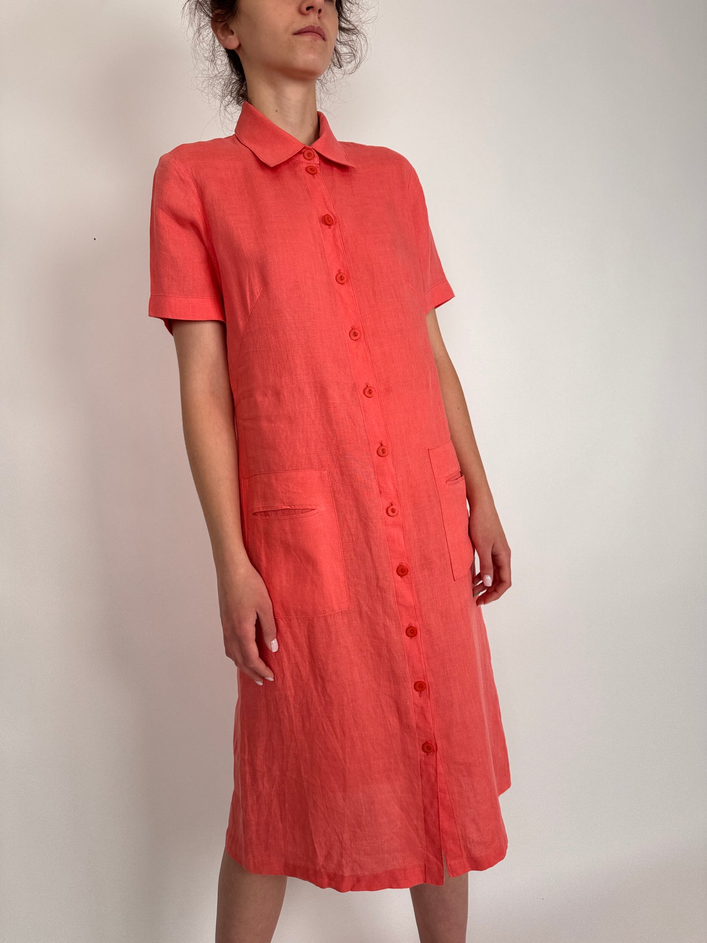 Rochie salmon pink tip cămașă din in extrafina și moale