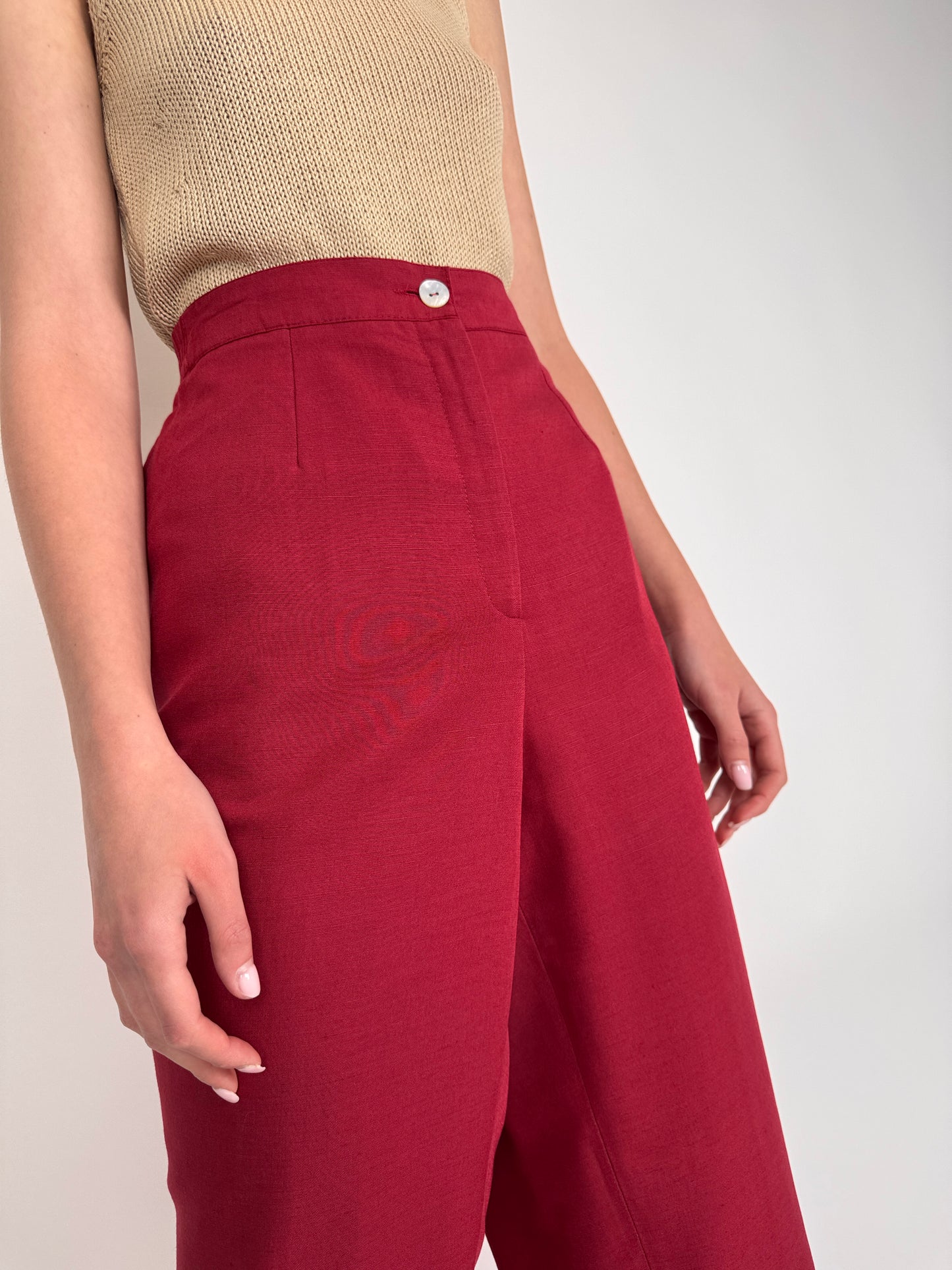 Pantaloni petite dark cherry red plus size cu talie ultra înaltă elastică