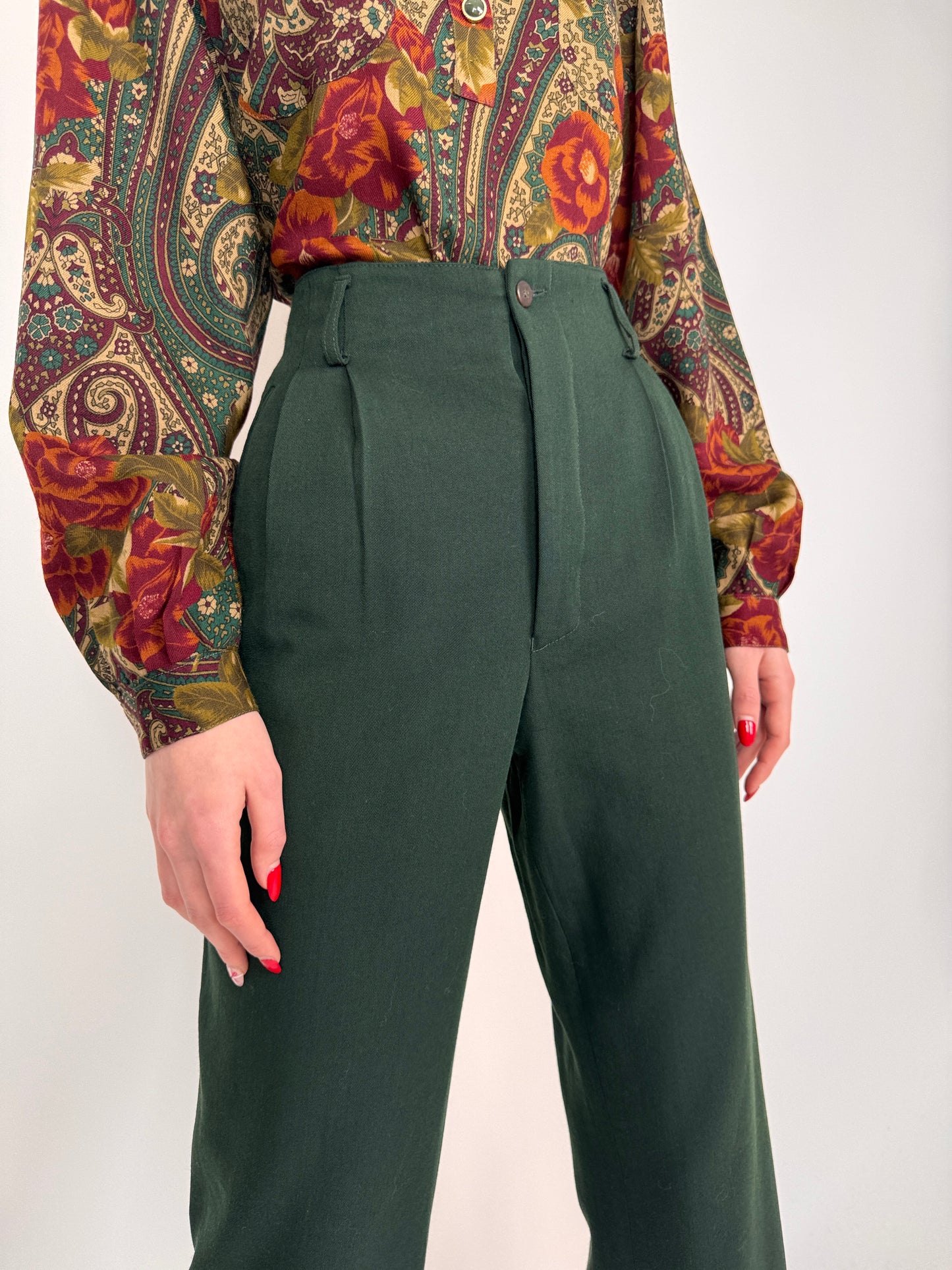 Pantaloni dark green din lana extrafina cu talie ultra înaltă
