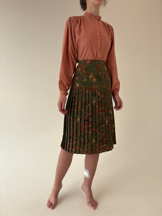Fustă vintage plisată laki cu print delicat și talie ultra înaltă marcată