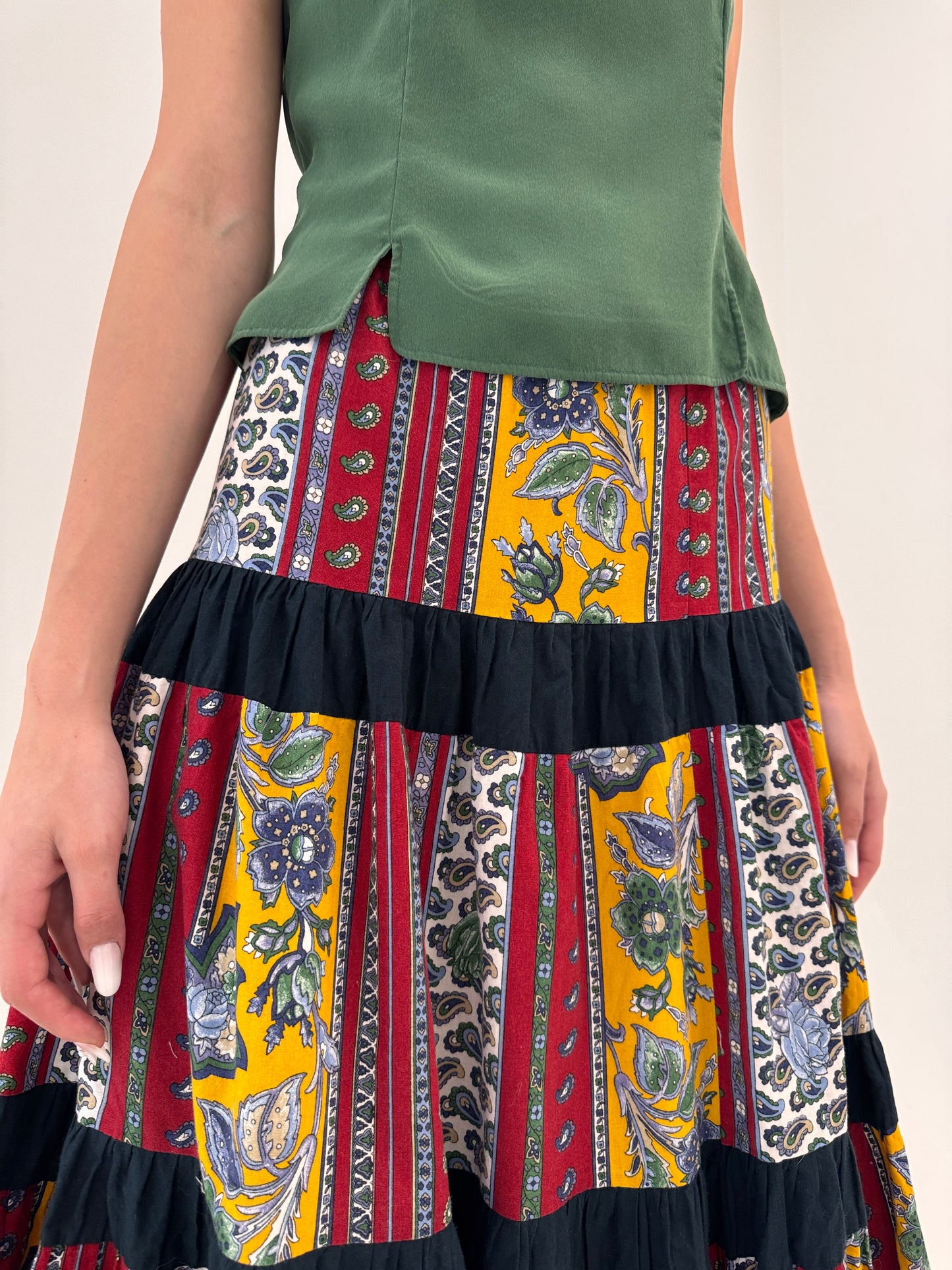 Fustă italiană maxi ultra amplă în croi elaborat patchwork fin pânză de bumbac