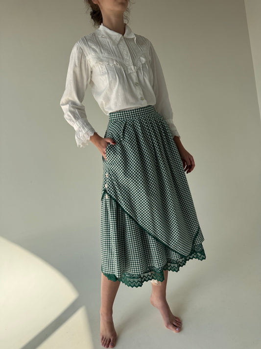 Fustă vintage în croi elaborat din pânză groasă de toamnă cu buzunare