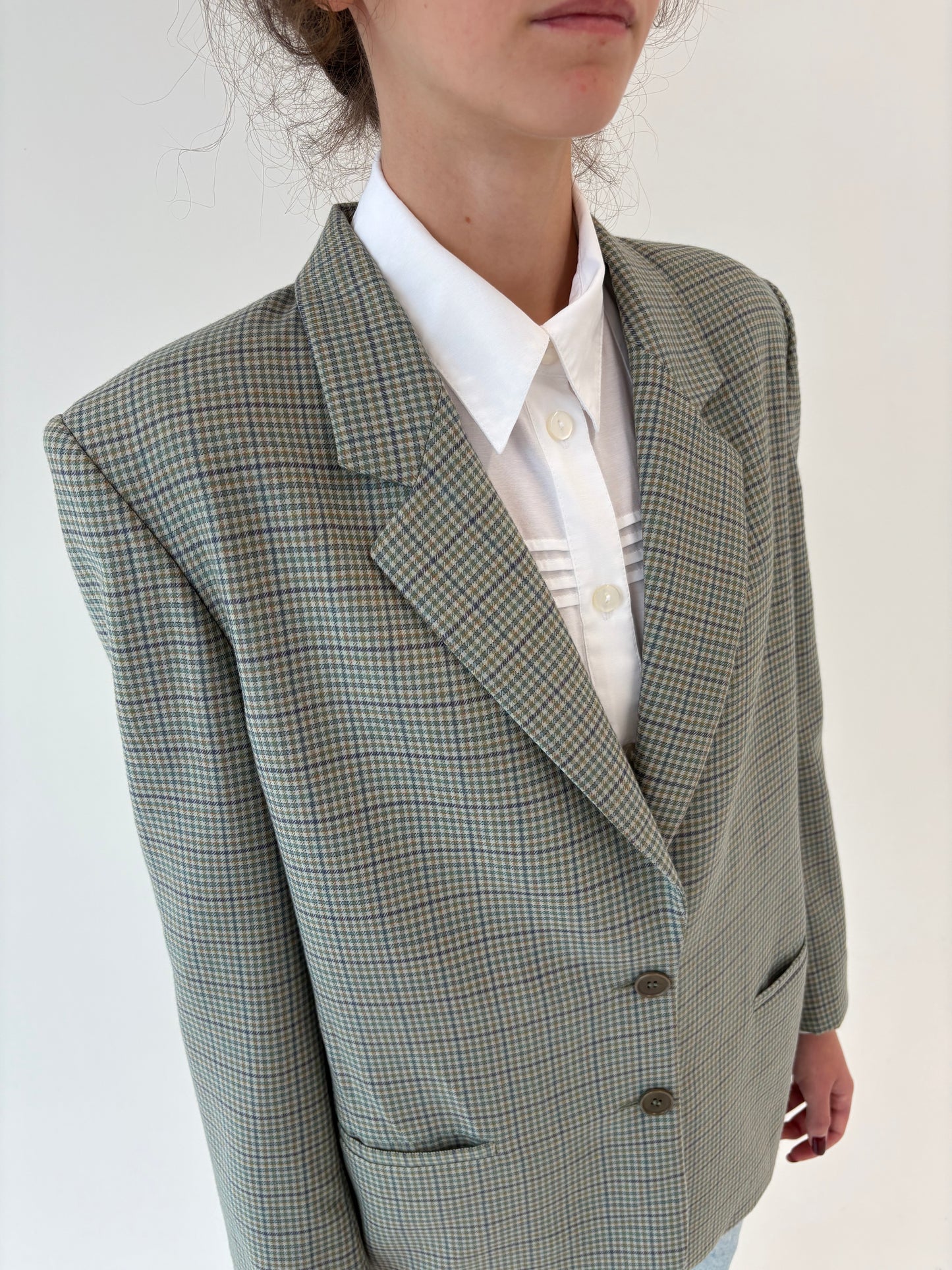Sacou vintage în carouri din lana extrafina în nuanțe superbe pe mint green