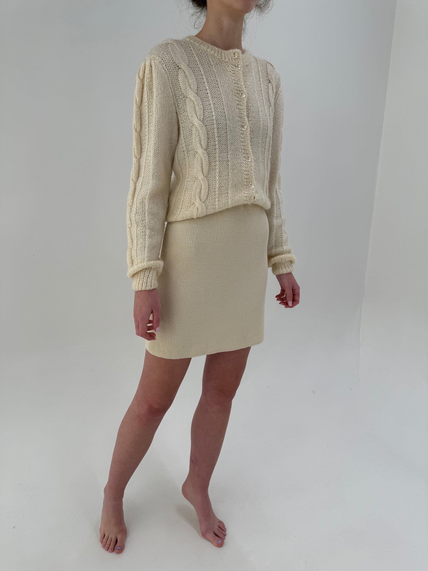 Fustă din jerse ribbed butter white din lana merino extafina de gramaj mare