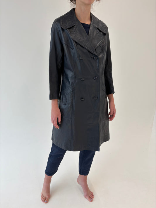 Trench vintage petite din piele naturală extrem de moale Navy blue