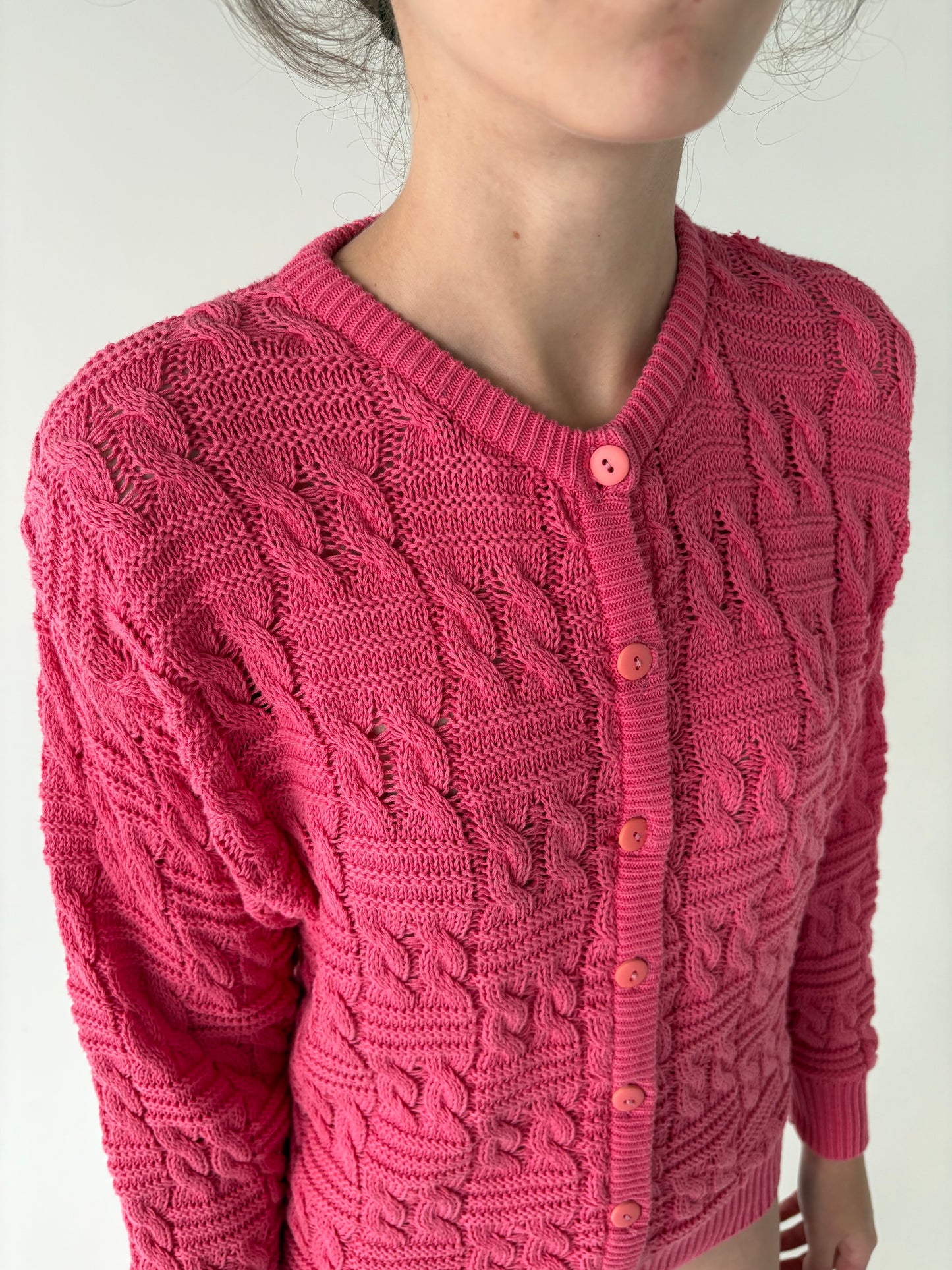 Cardigan vintage italian Barbie pink din bumbac gros de gramaj mare