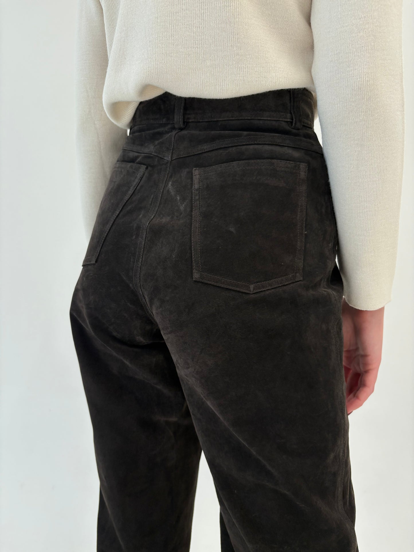 Pantaloni tall din piele naturală dark chocolate brown