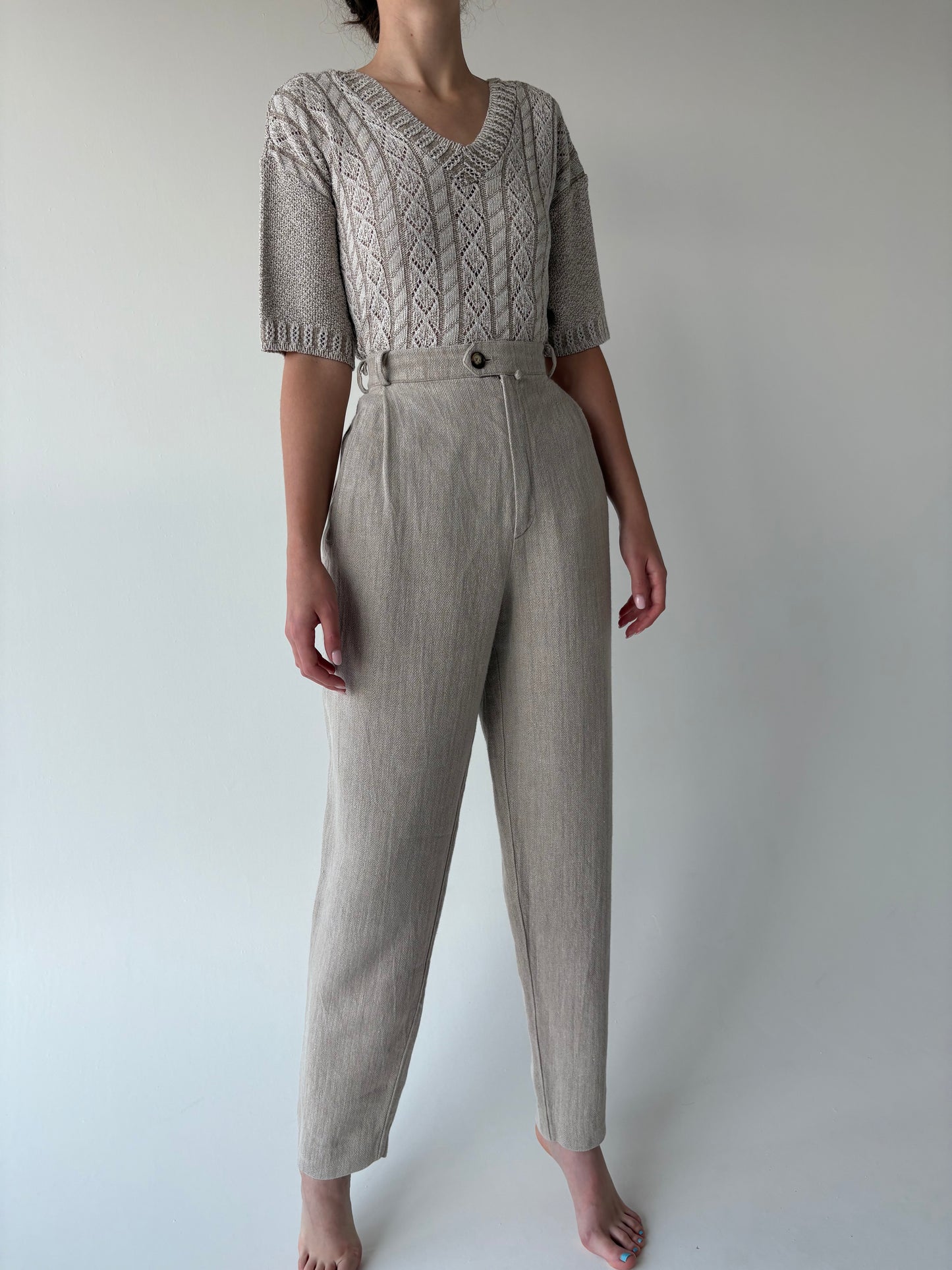 Pantaloni vintage tall din pânză grea de in cu talie ultra înaltă