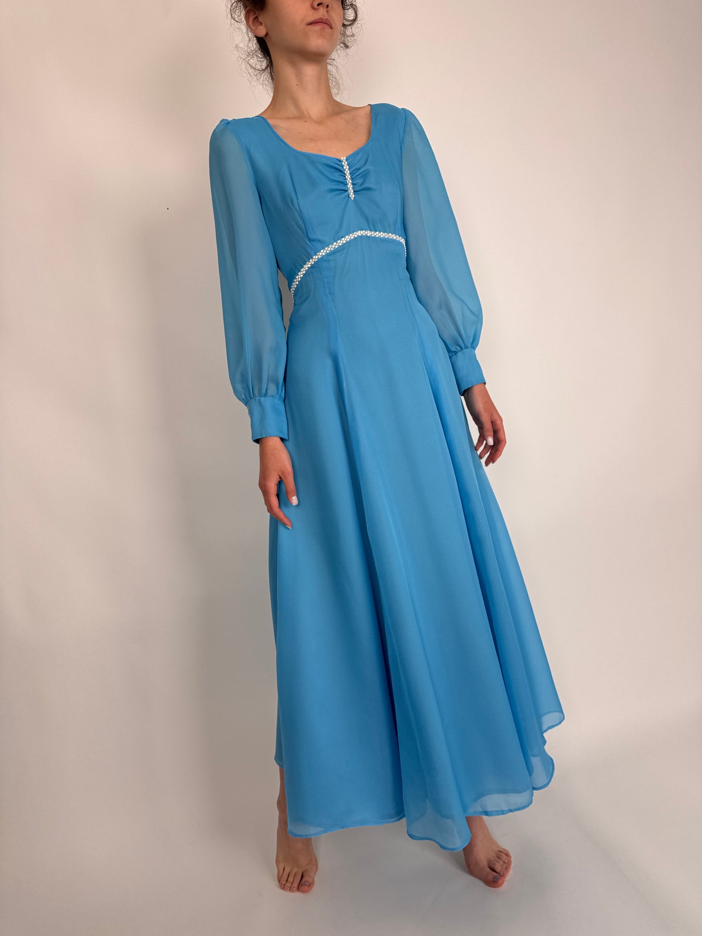 Rochie vintage albastru ciel cu talie ultra înaltă Empire