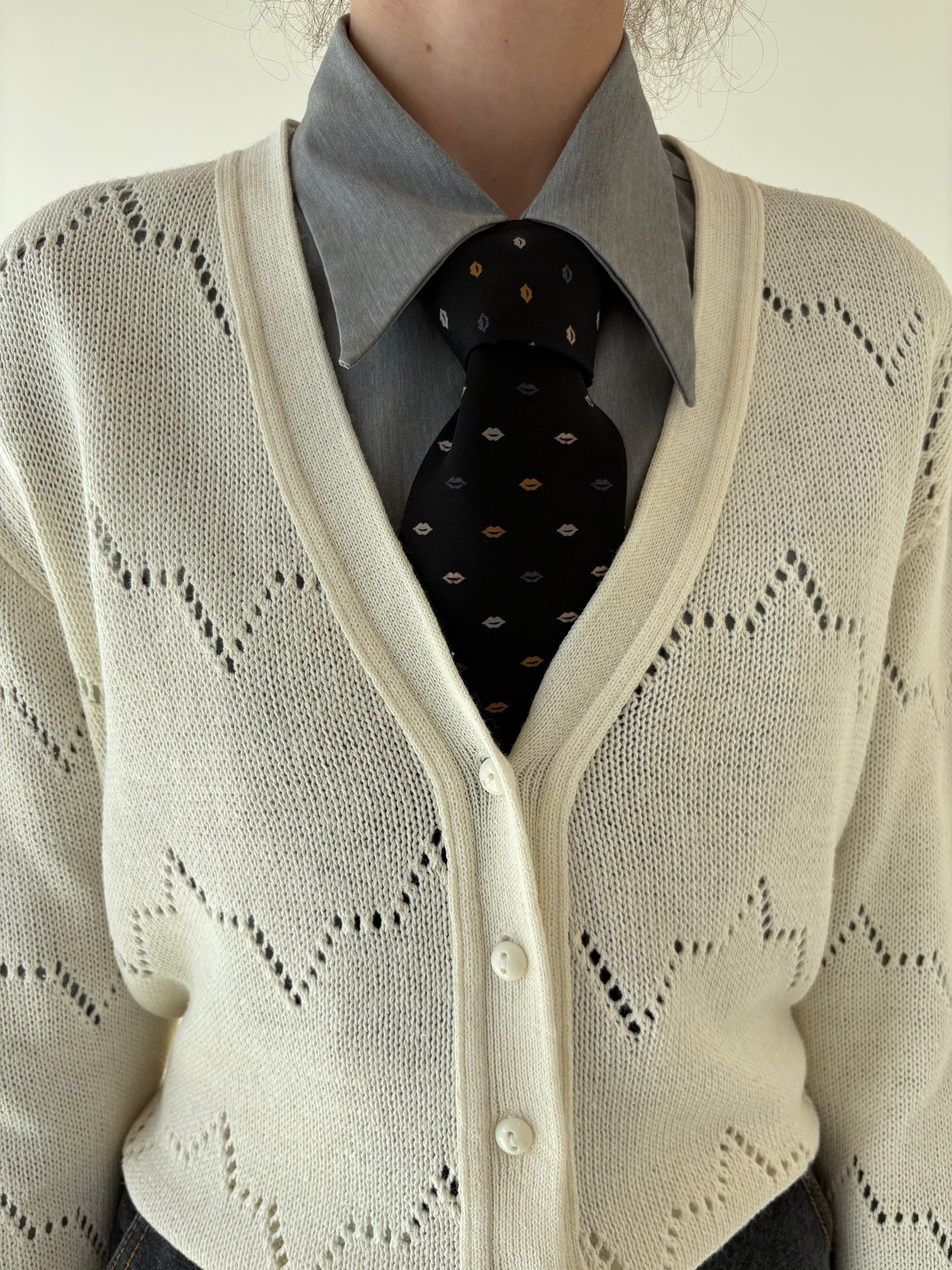 Cardigan vintage butter white din mix de lana extrafina
