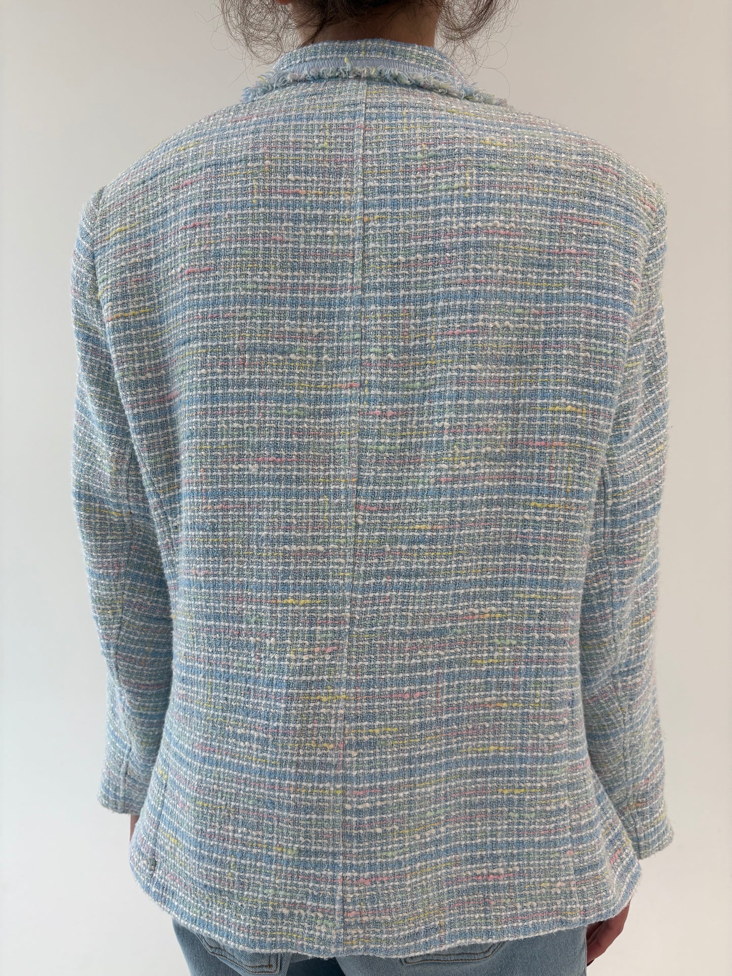 Sacou baby blue in stil Chanel din tweed în culori pudrate