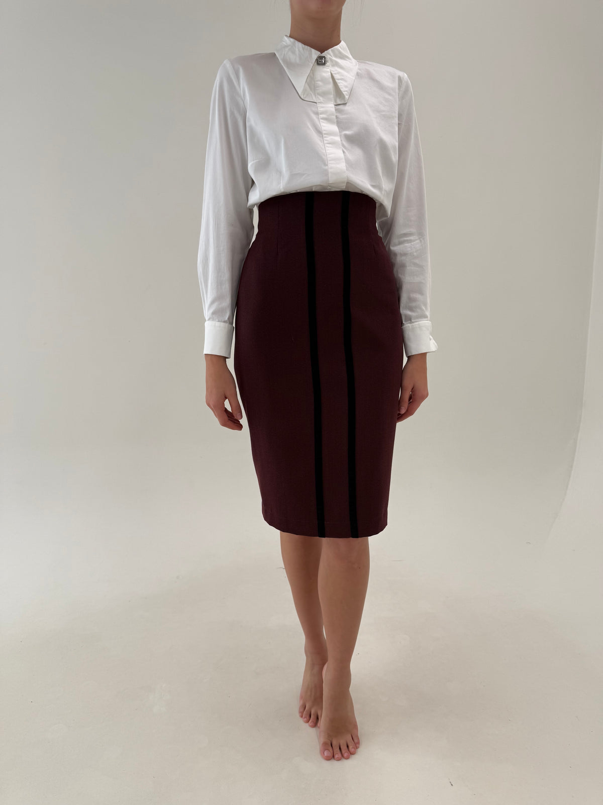 Fustă Max Mara plum din lana excepțională pura certificată creion cu talie ultra înaltă